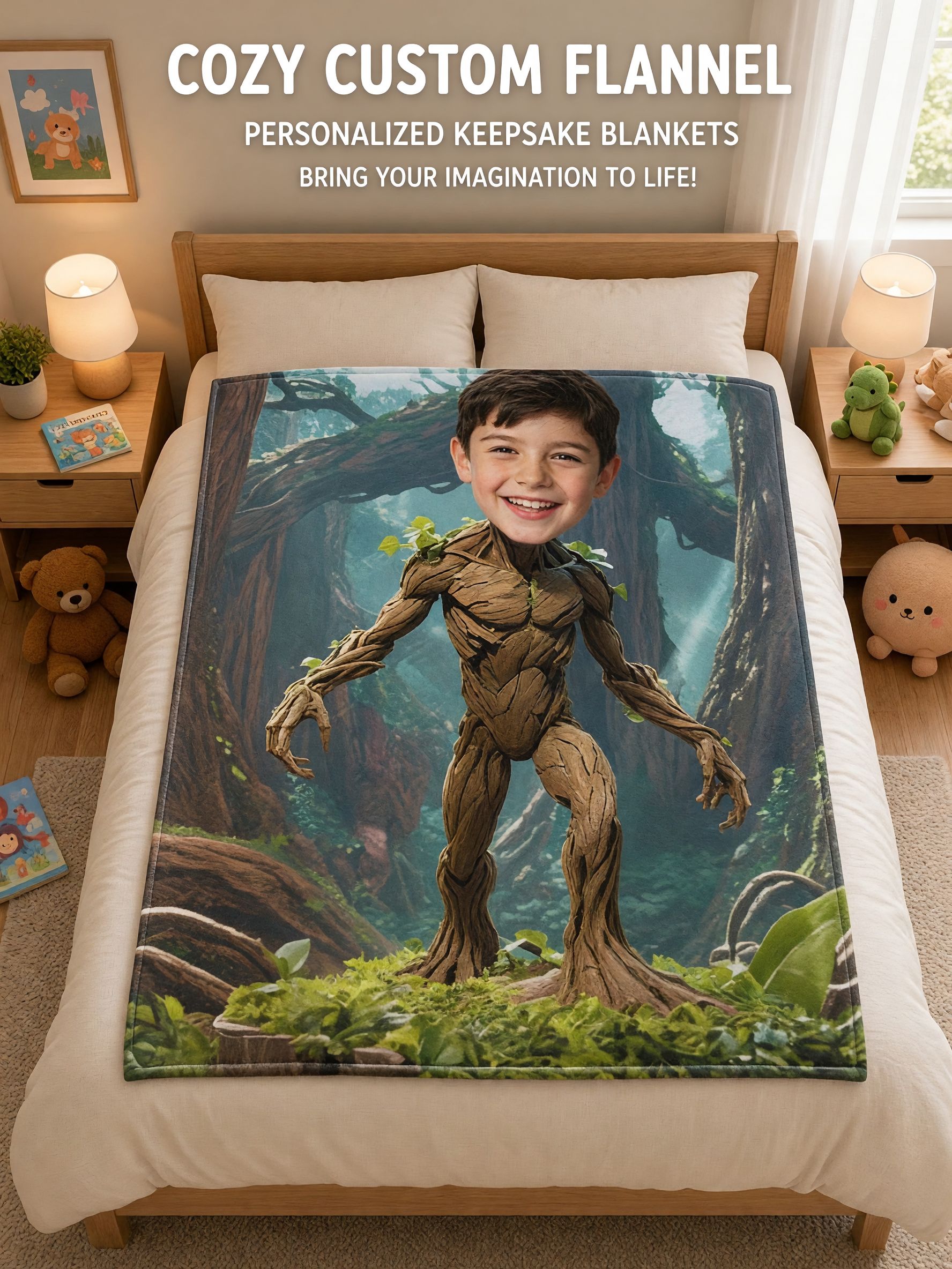 Custom Face Photo Flannel Blanket, Personalized Forest Tree Warrior Throw, Ultra Soft Fleece Cozy Gift for Bed and Sofa