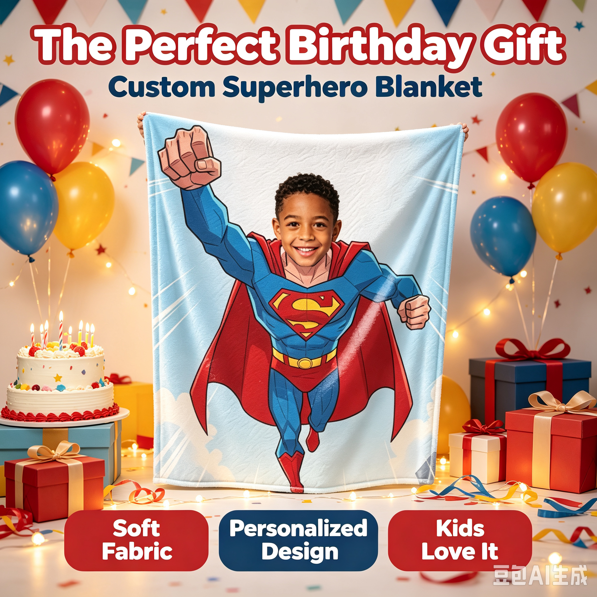 Customized Superhero Blanket With Kid Photo, Personalized Superman Flannel Throw Blanket, Custom Upload Image, Birthday Xmas Present for Little Boys Bedroom Sofa Travel