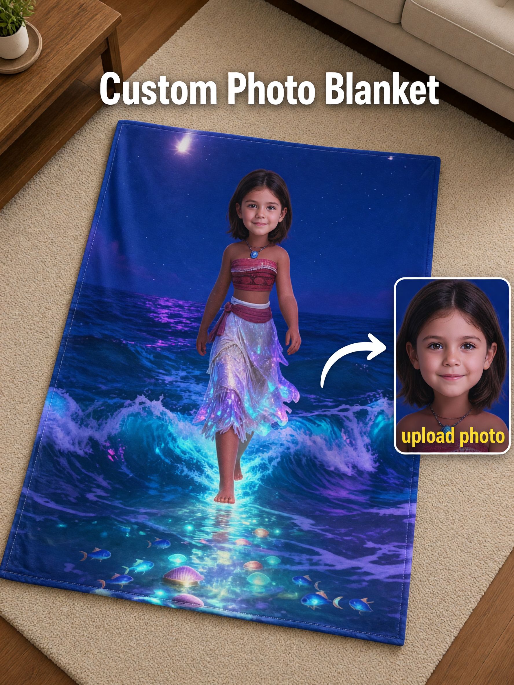 Custom Face Blanket Personalized Photo Flannel Throw Magical Ocean Princess Ultra Soft Plush Bed Sofa Gift