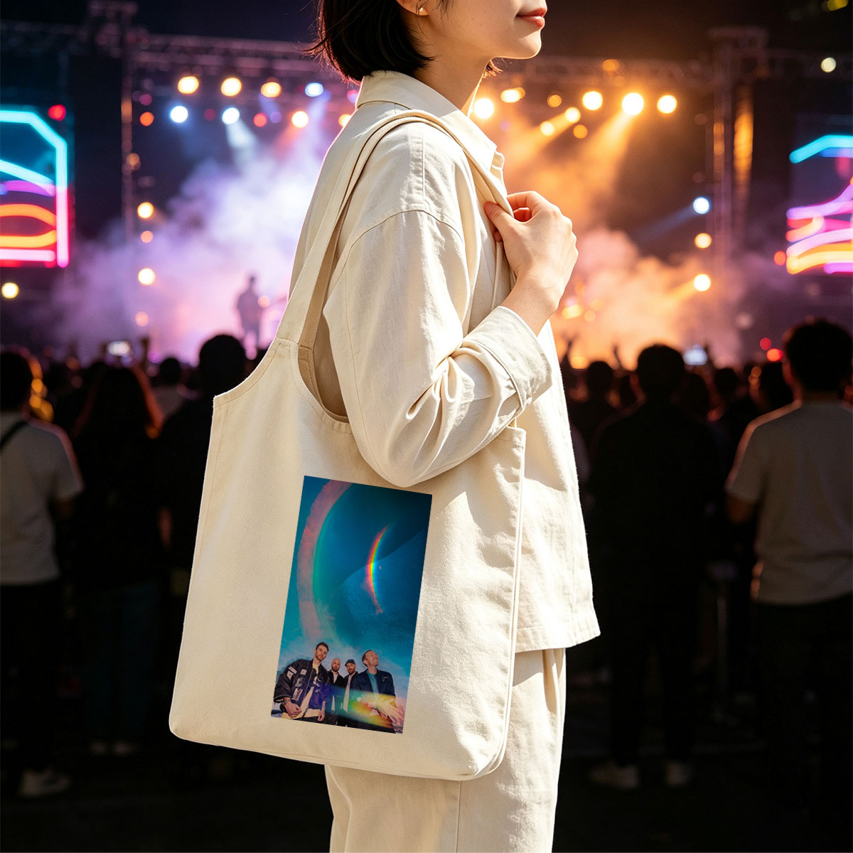 Coldplay in a Cosmic Scene with Rainbow Halo and Starry Sky Background - Canvas shoulder bags/