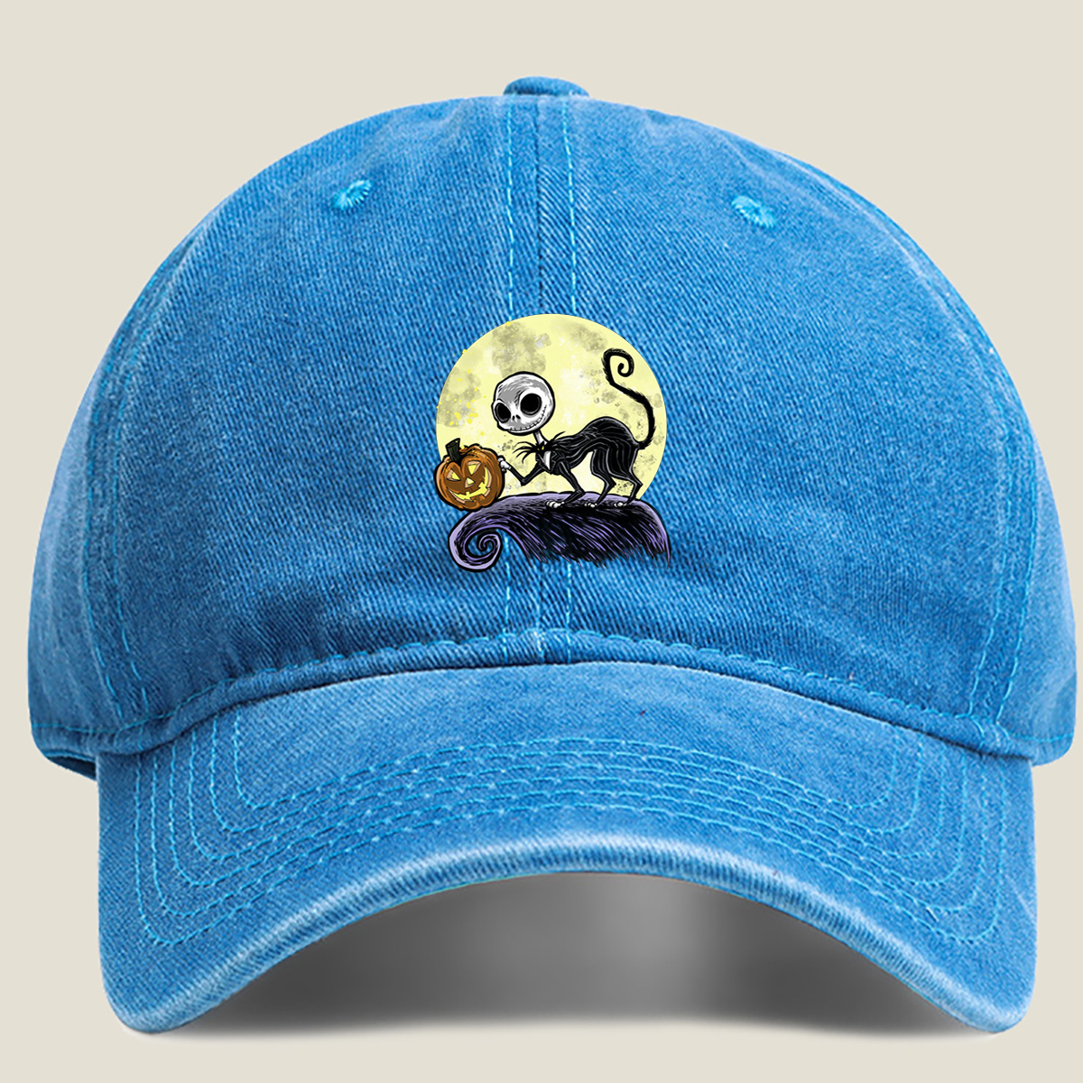 Jack Skellington and Pumpkin Moon - Washed Denim - Baseball Cap