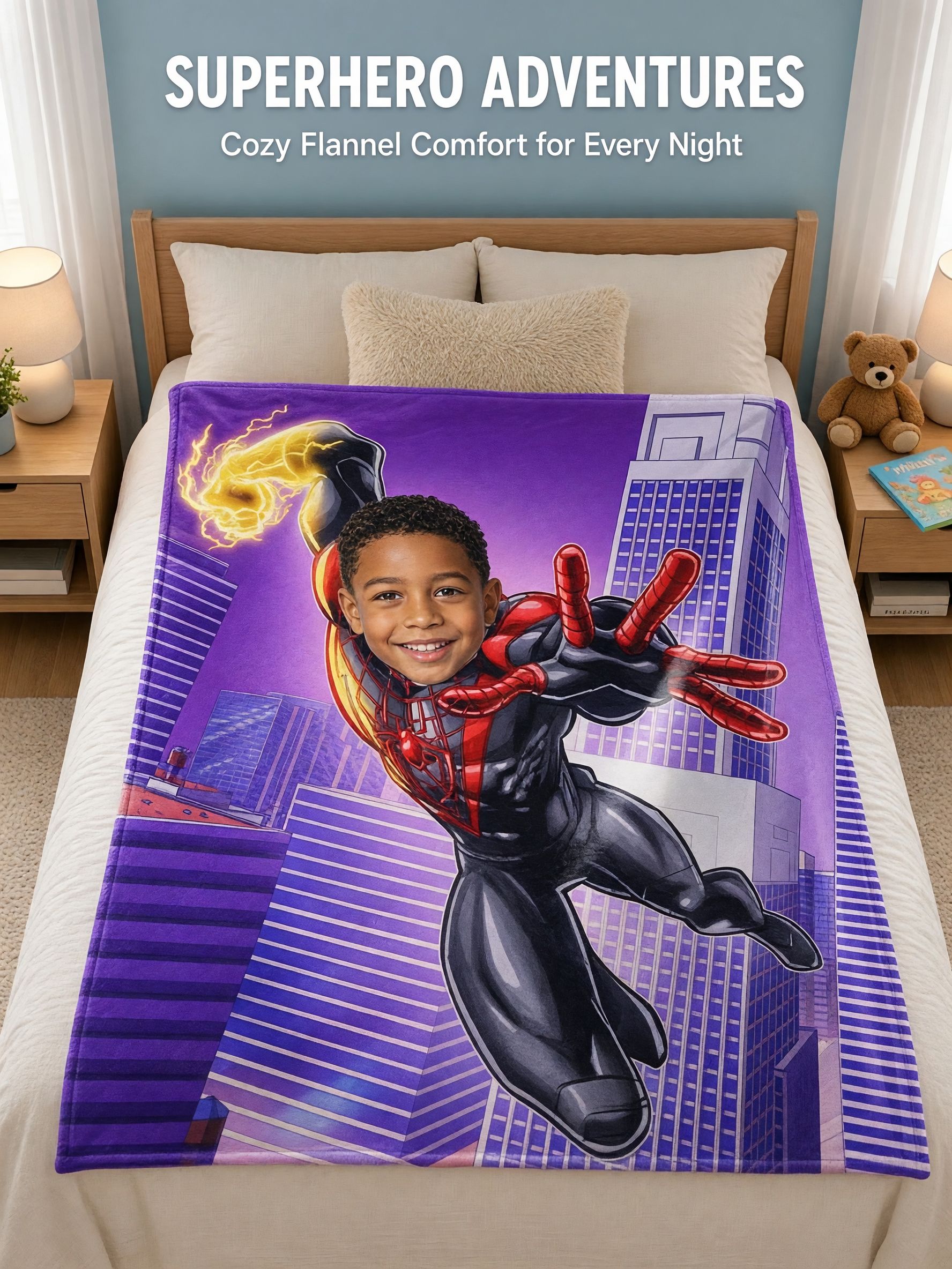Custom Face Superhero Blanket, Personalized Photo Flannel Throw for Kids, Cozy Bed Couch Plush Fleece Keepsake Gift