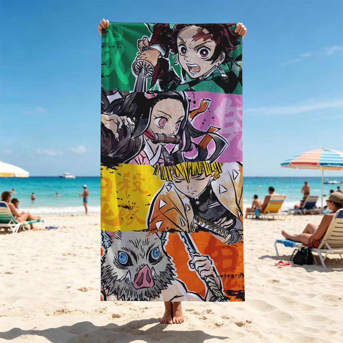 Demon Slayer: Tanjiro, Nezuko, Zenitsu, and Inosuke in Action - Beach towels