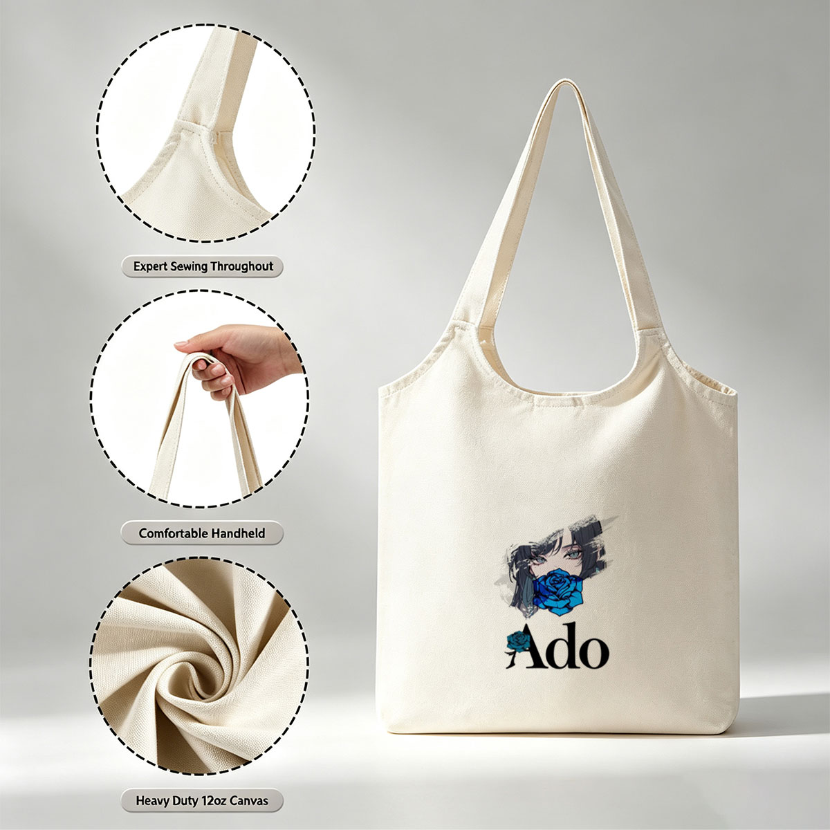 Ado in a Dramatic Portrait with Blue Rose Covering Her Mouth - Canvas shoulder bags/