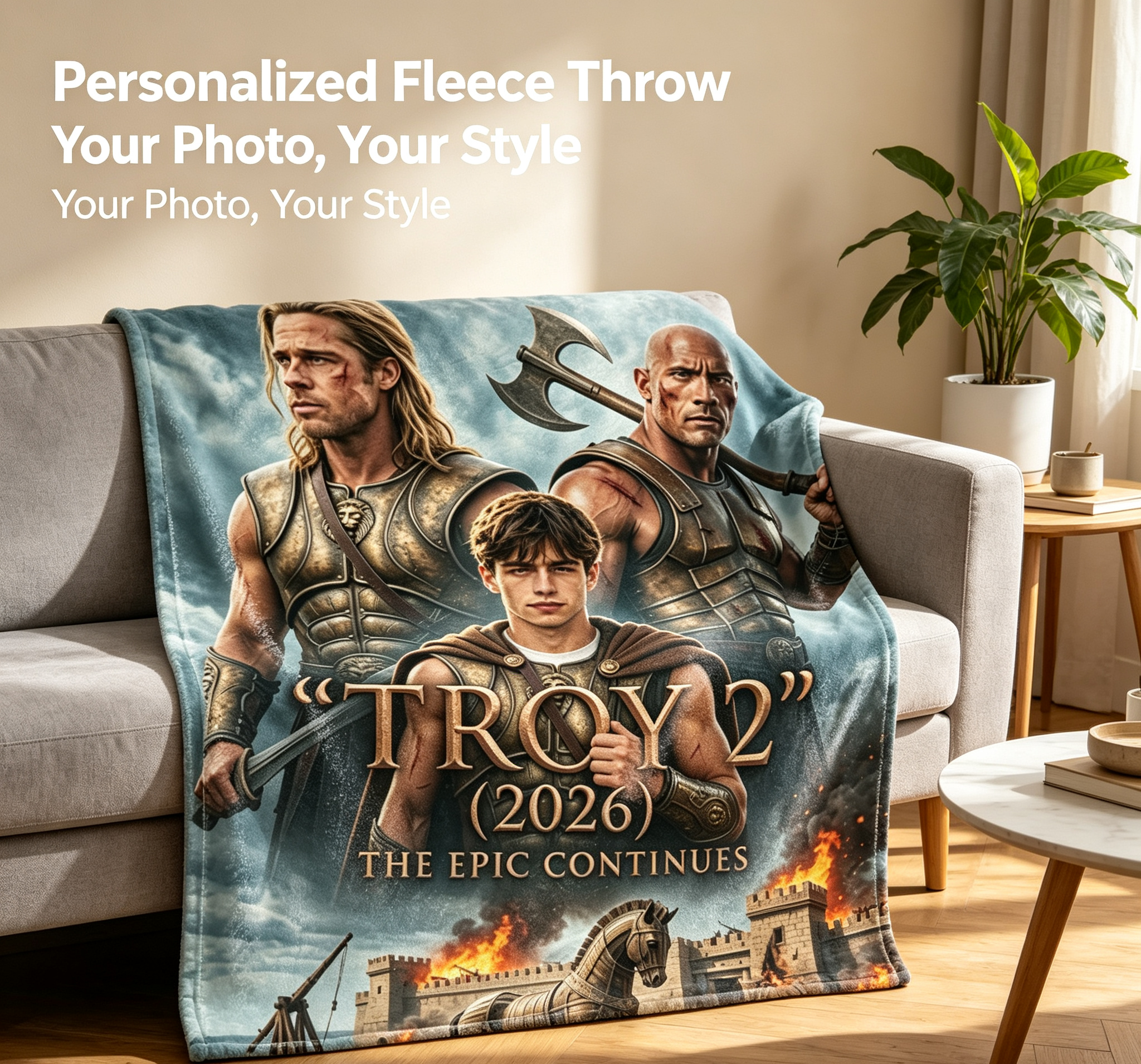 Custom Face Blanket Troy 2 Movie Inspired Flannel Blanket Perfect for Couch, Bed, or Travel Ideal Gift for Fans of Epic War Films and Movie Memorabilia