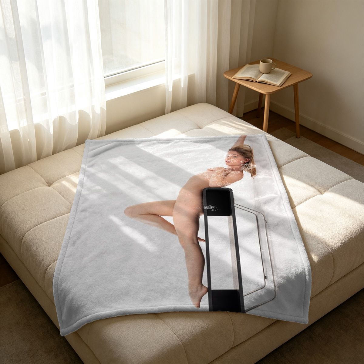 Nude Japanese Model in Lingerie by Window with Cacti - Blanket
