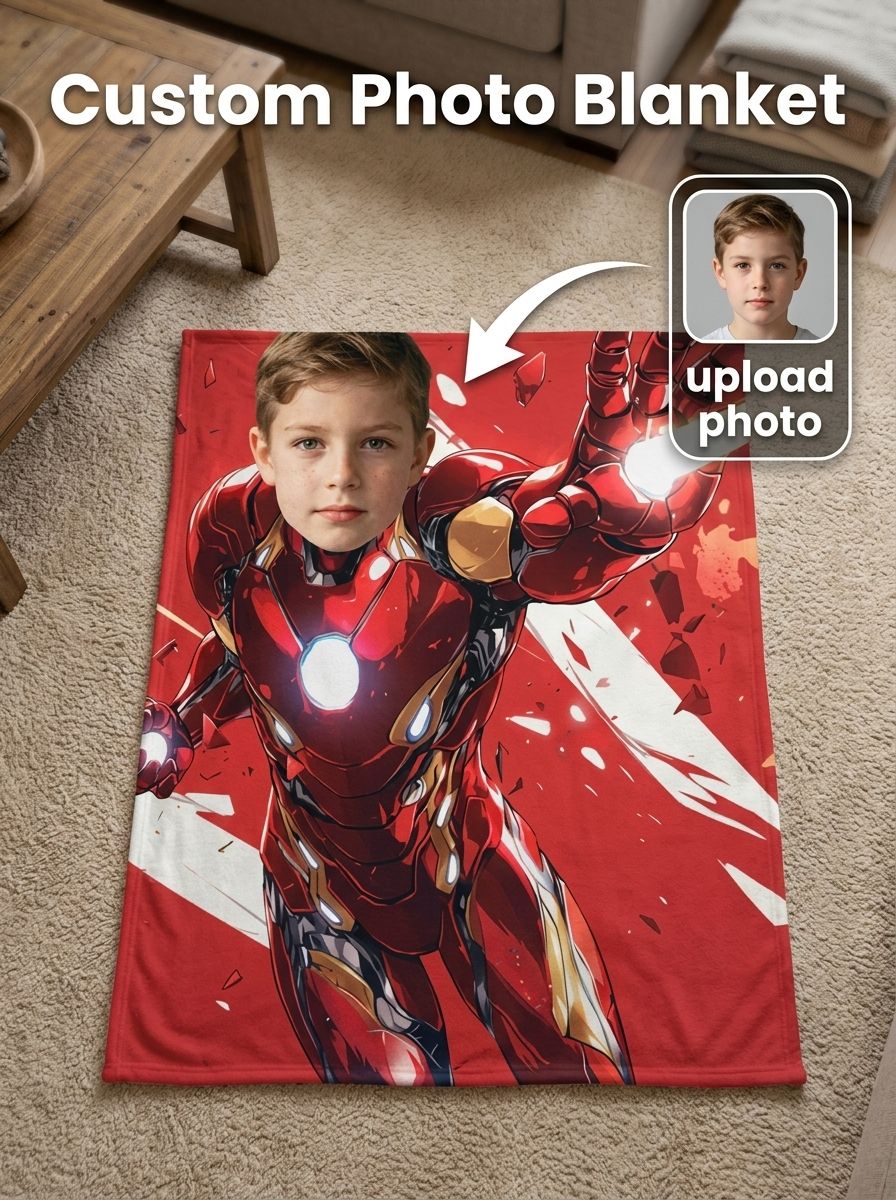 Custom Photo Superhero Armor Flannel Blanket Personalized Face Velvet Plush Throw Ideal Gift for Kids Adults