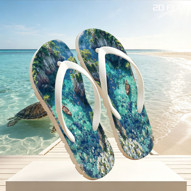 A serene boat floats on crystal-clear waters surrounded by rocky cliffs and blooming flowers. -  flip-flops
