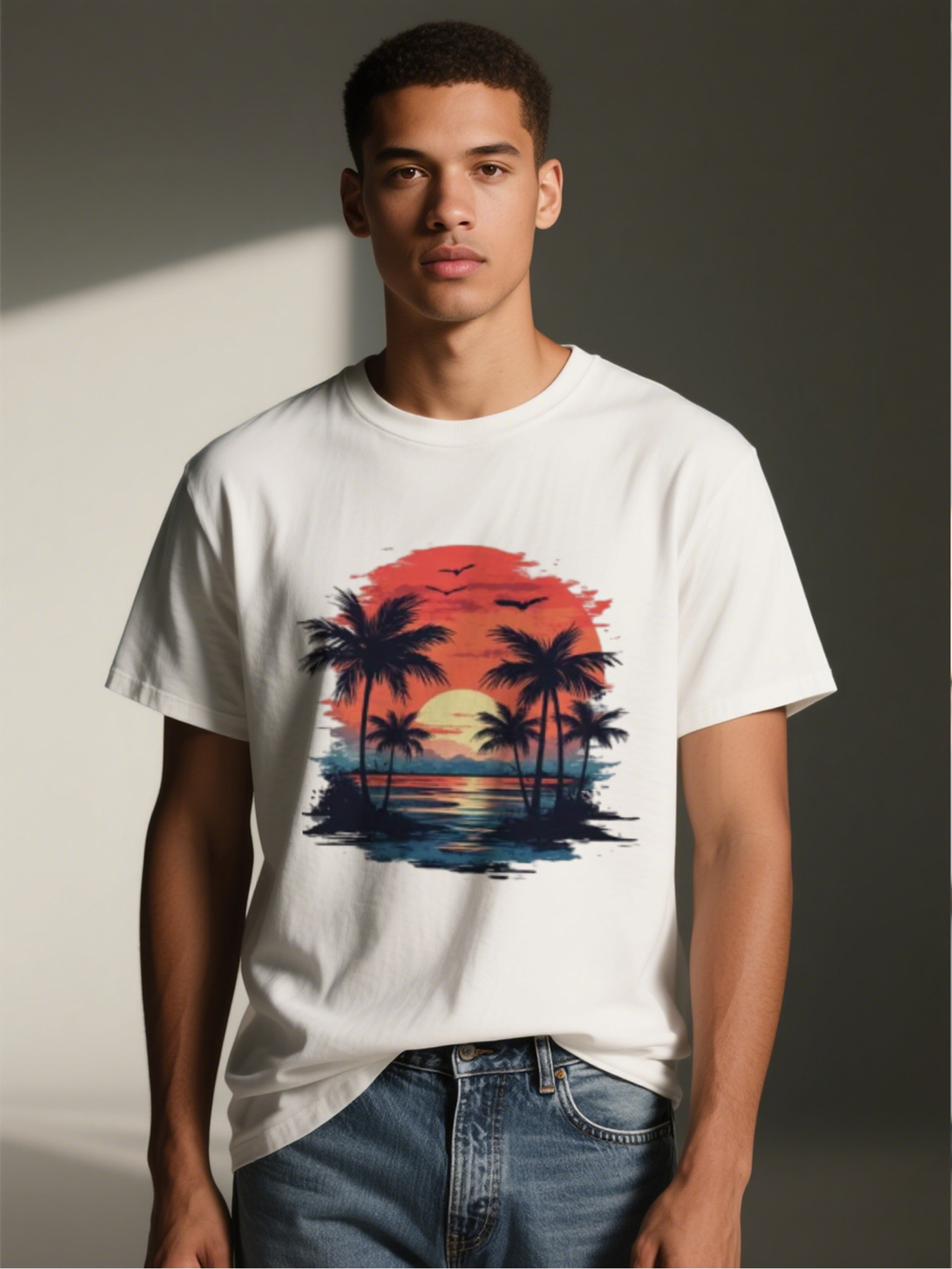 Men's Printed T-Shirt Tropical Sunset Palm Trees Design Casual Round Neck Summer Lightweight Breathable Short Sleeve T-Shirt for Beach Vacation Outdoor Activities Adults