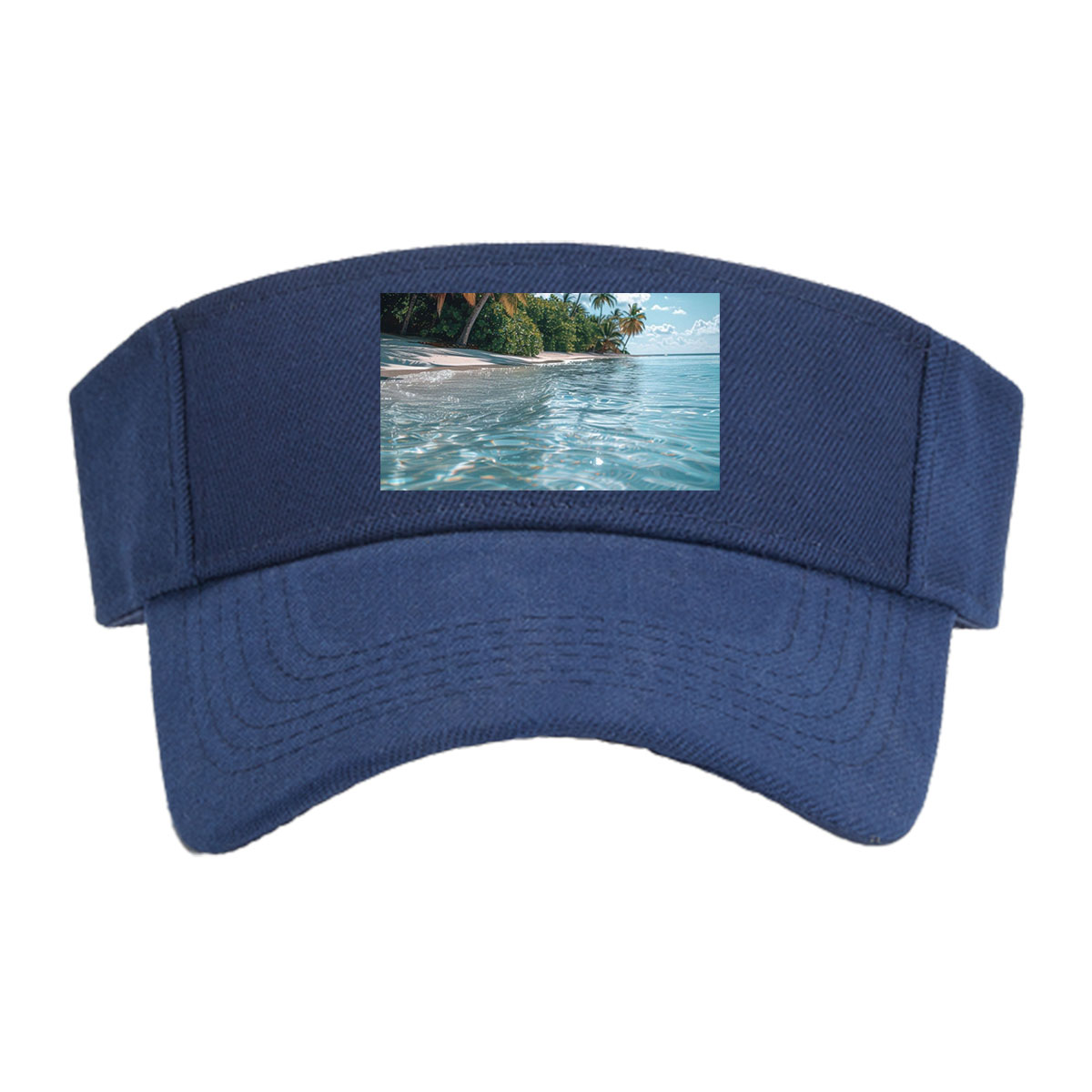 Crystal-clear waters lap against a serene tropical beach lined with swaying palm trees under a bright blue sky. -  Visor cap