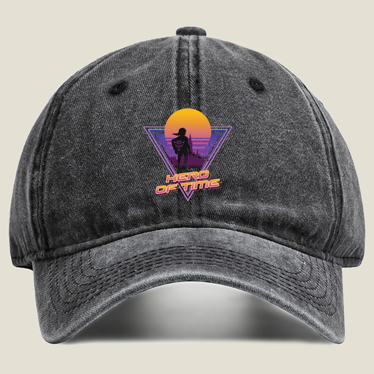 Hero of Time: Link Silhouette in Retro Sunset Scene - Washed Denim - Baseball Cap