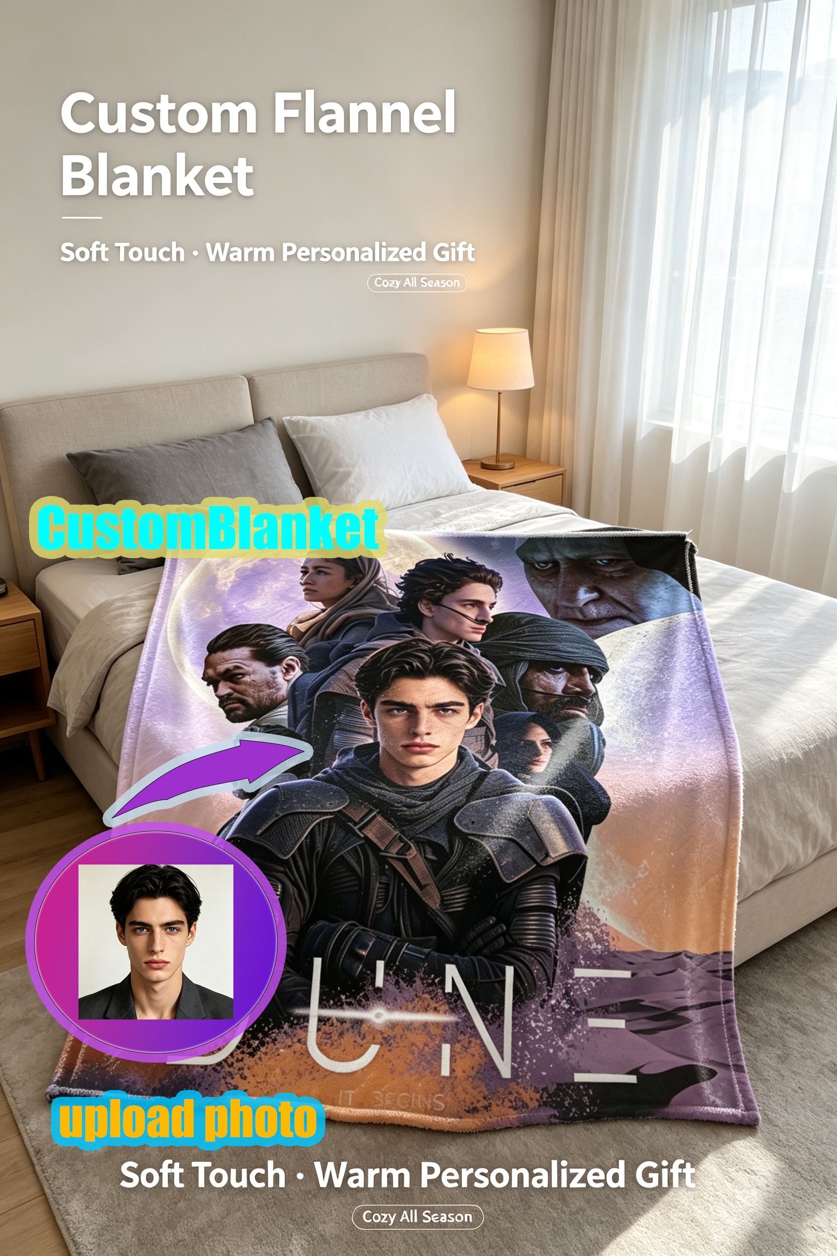 Custom Face Blanket Dune Movie Character Flannel Blanket Perfect for Fans of Sci-Fi Films Cozy Bedding Gift for Men Women and Teens Ideal for Birthday Christmas or Holiday Giveaways