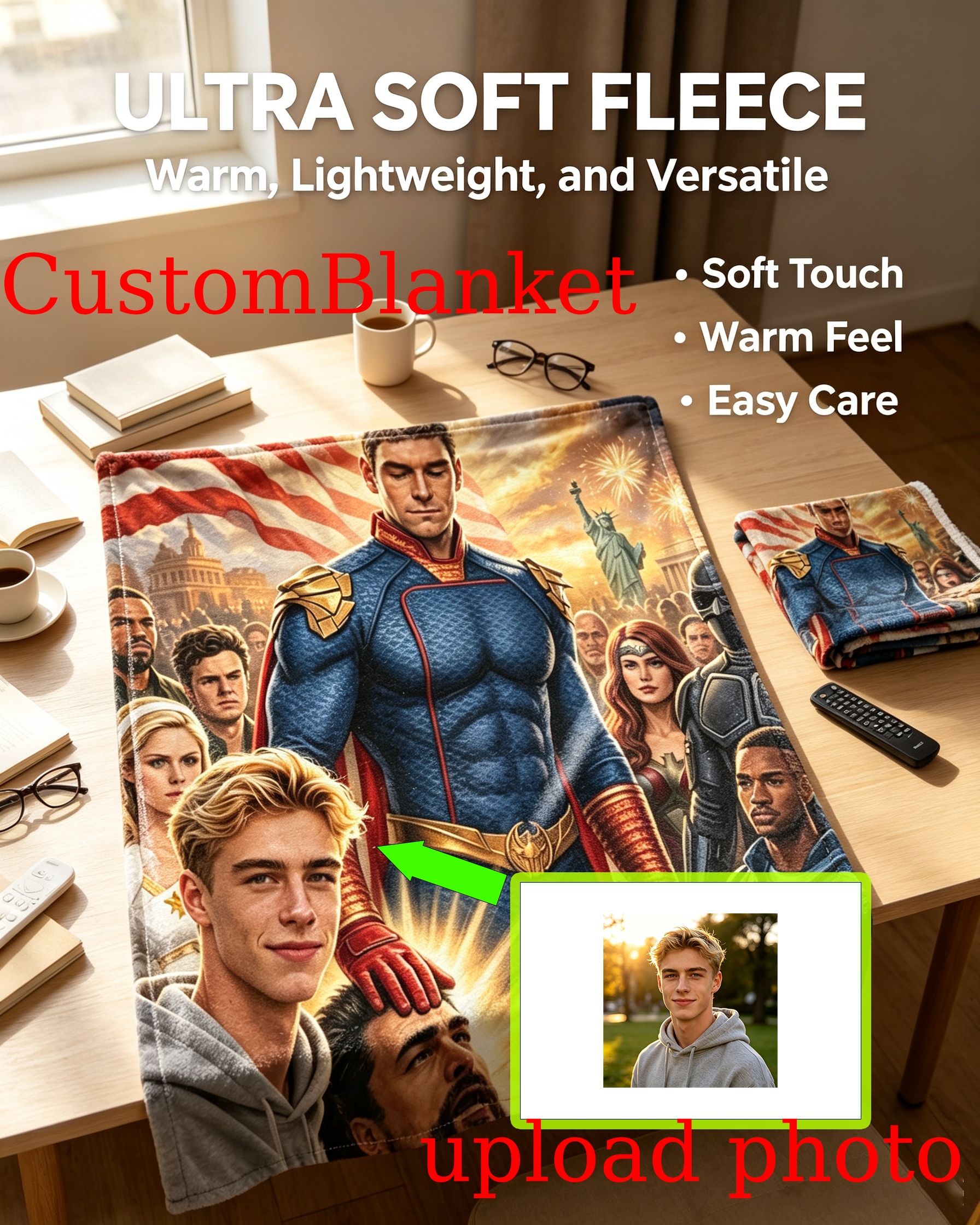 Custom Face Blanket Featuring Superhero Team with American Flag and Iconic Landmarks Flannel Blanket Perfect for Cozy Nights and Hero-Themed Gifts