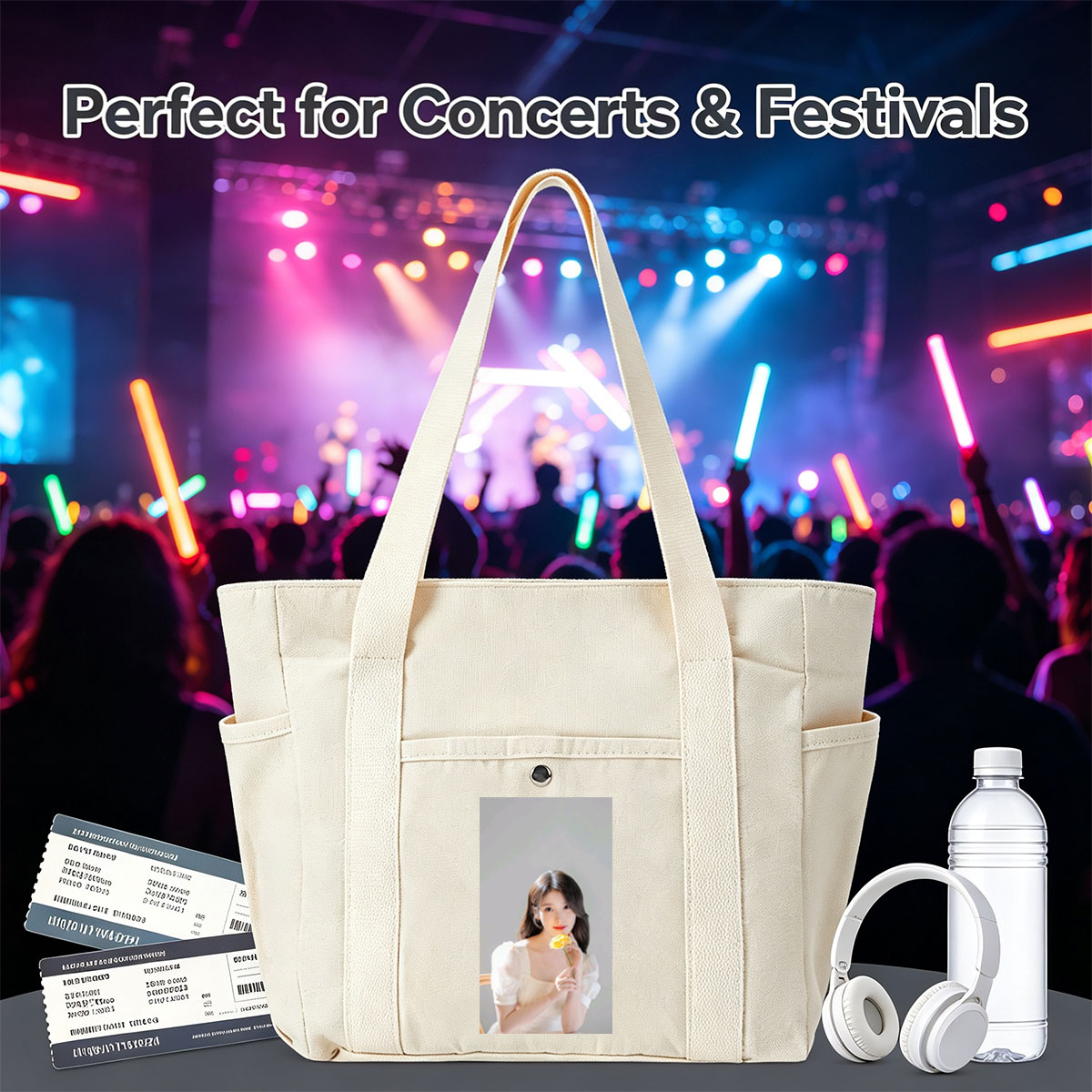 IU Holding a Yellow Rose in a Soft White Dress - Multi-pocket bags