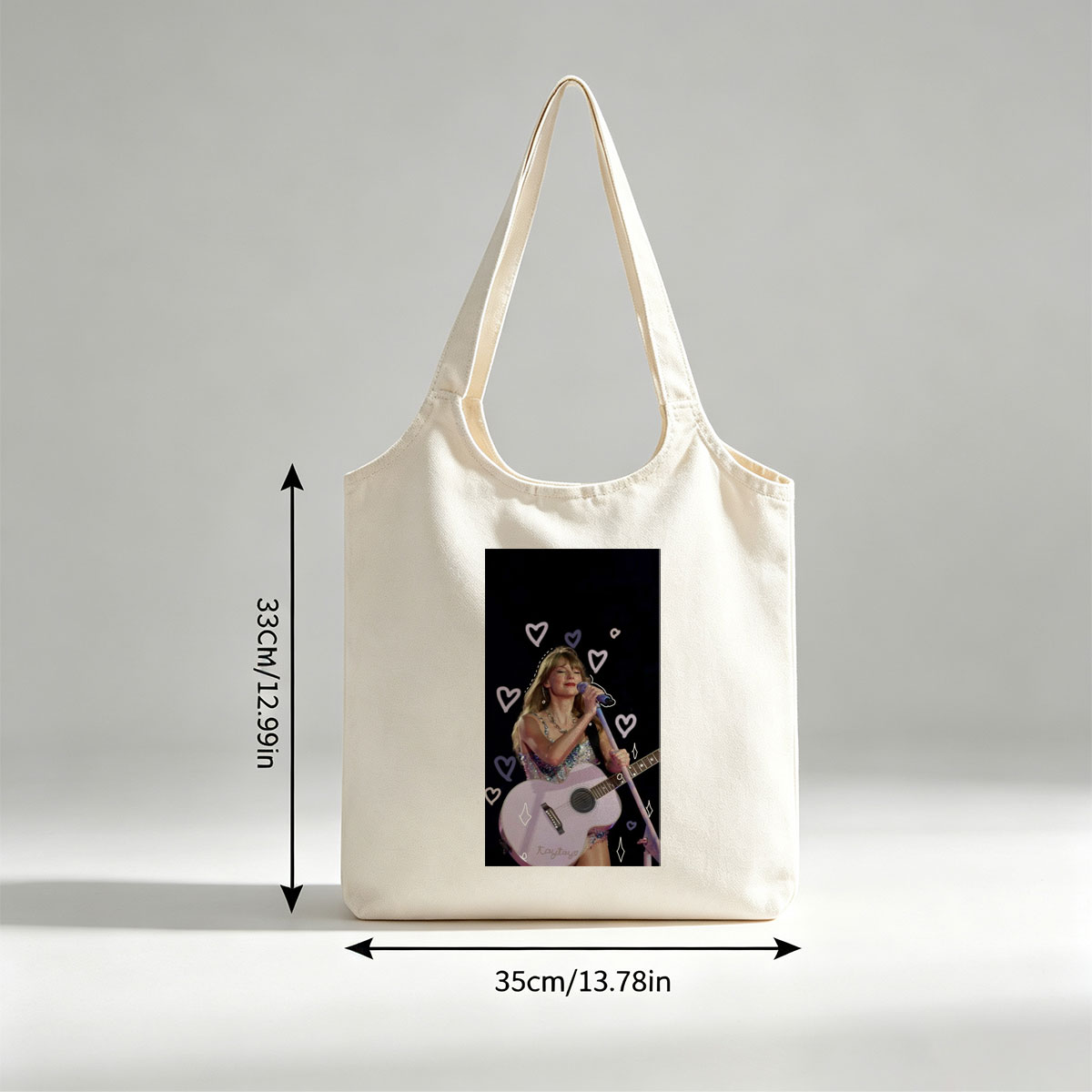 Taylor Swift Performing Live with Acoustic Guitar and Hearts Overlay - Canvas shoulder bags/