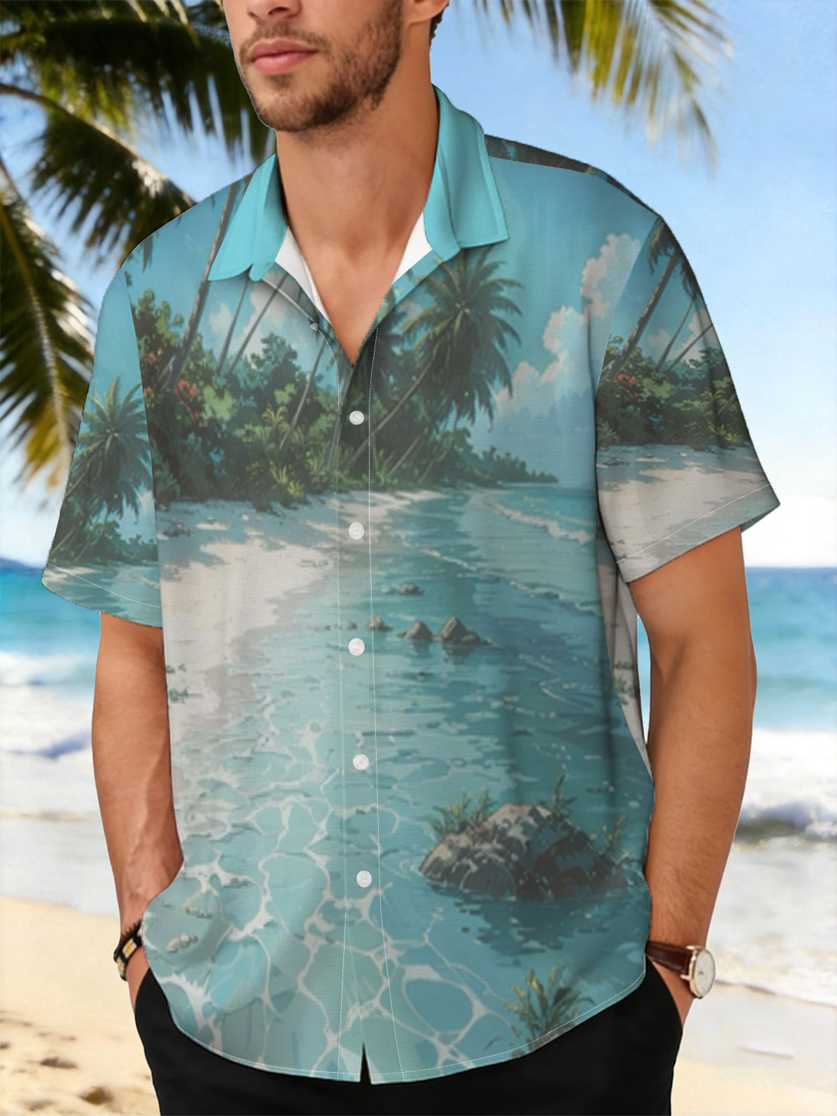 Serene Tropical Beach with Palm Trees and Crystal Clear Water -  Shirt