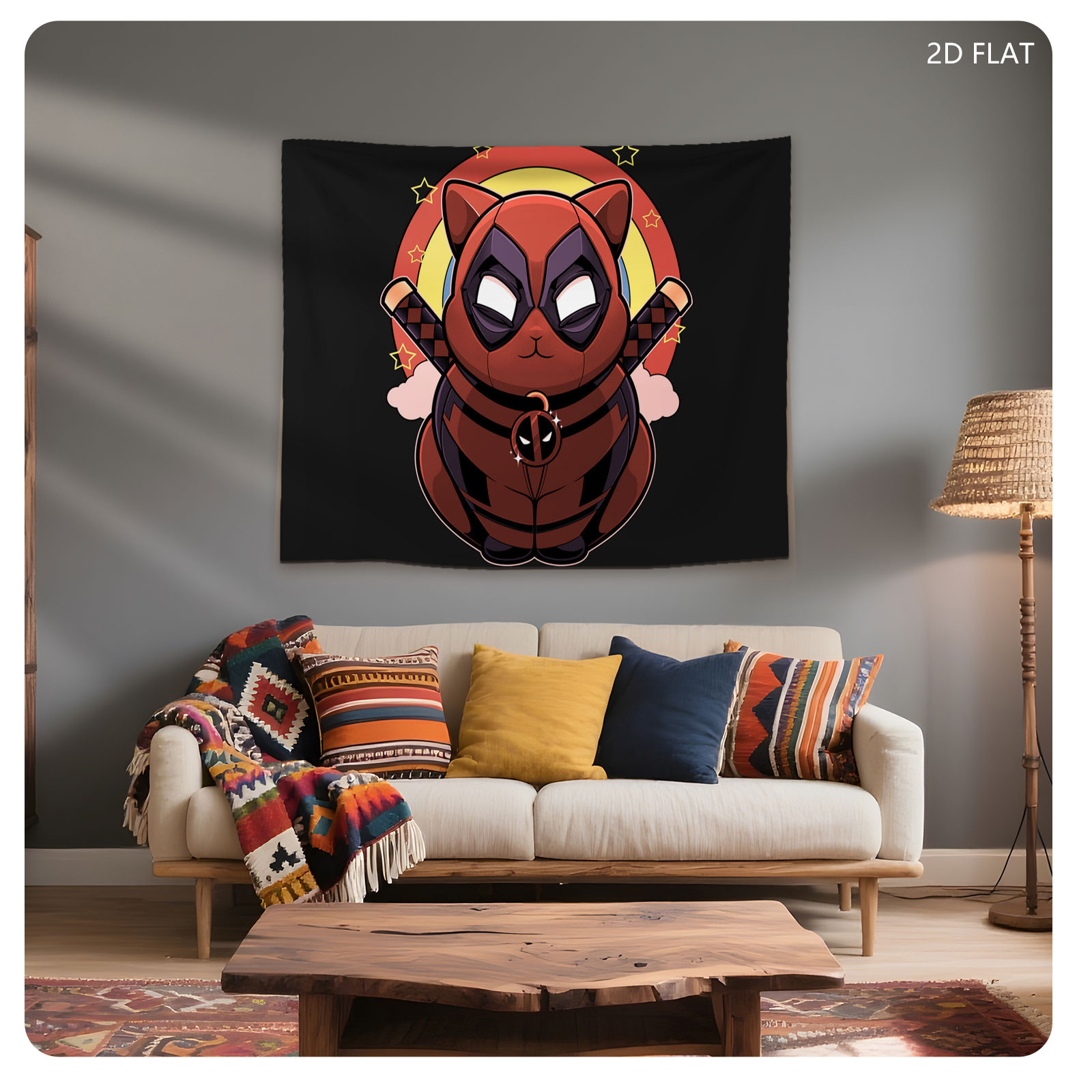 Deadpool Cat in Red Suit with Dual Katanas and Starry Background - Tapestry