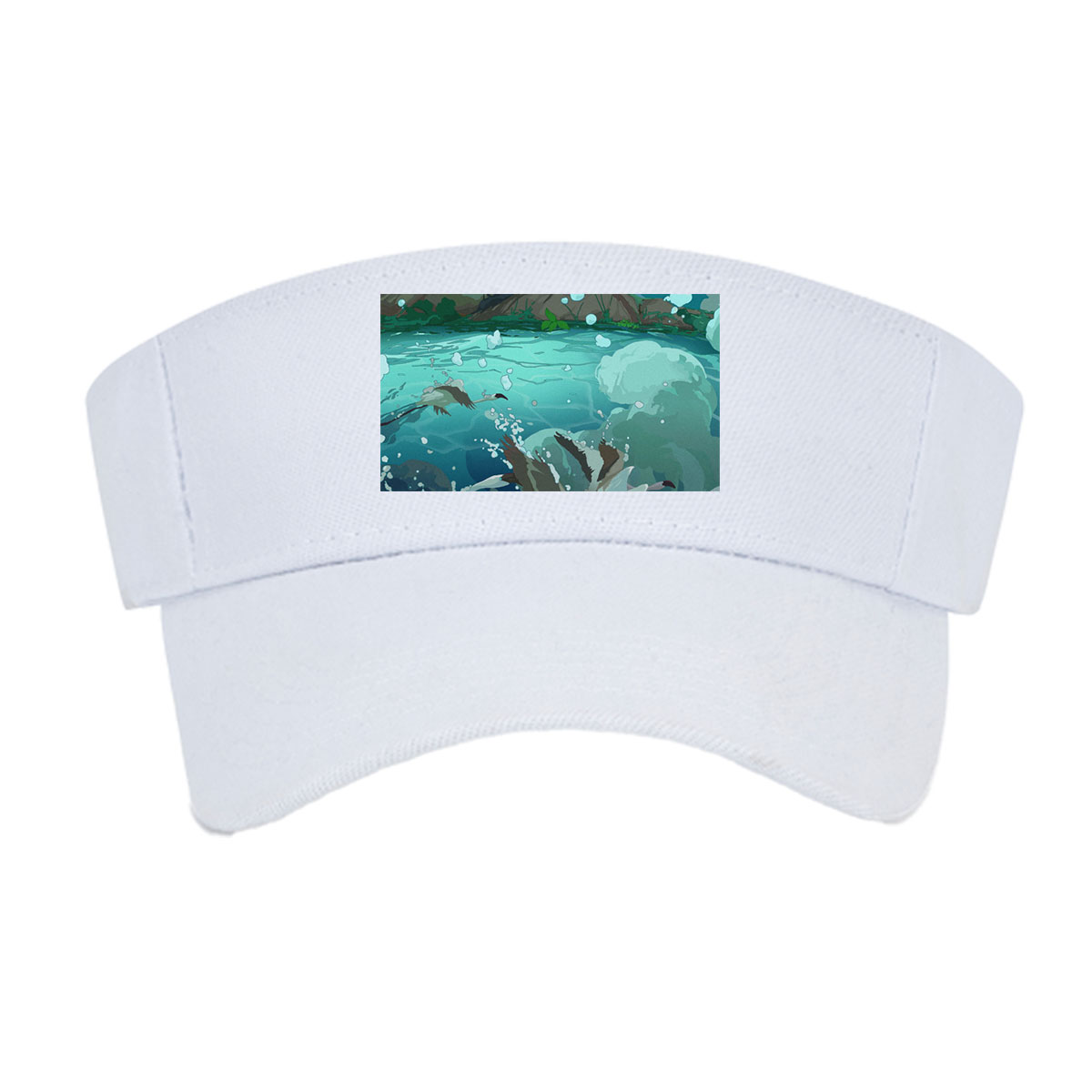 A boy rides a swan through a mystical underwater world beneath a giant tree. -  Visor cap