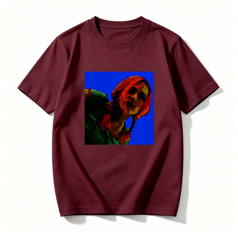 Red-Haired Woman in Green Top Against Blue Background - Tee