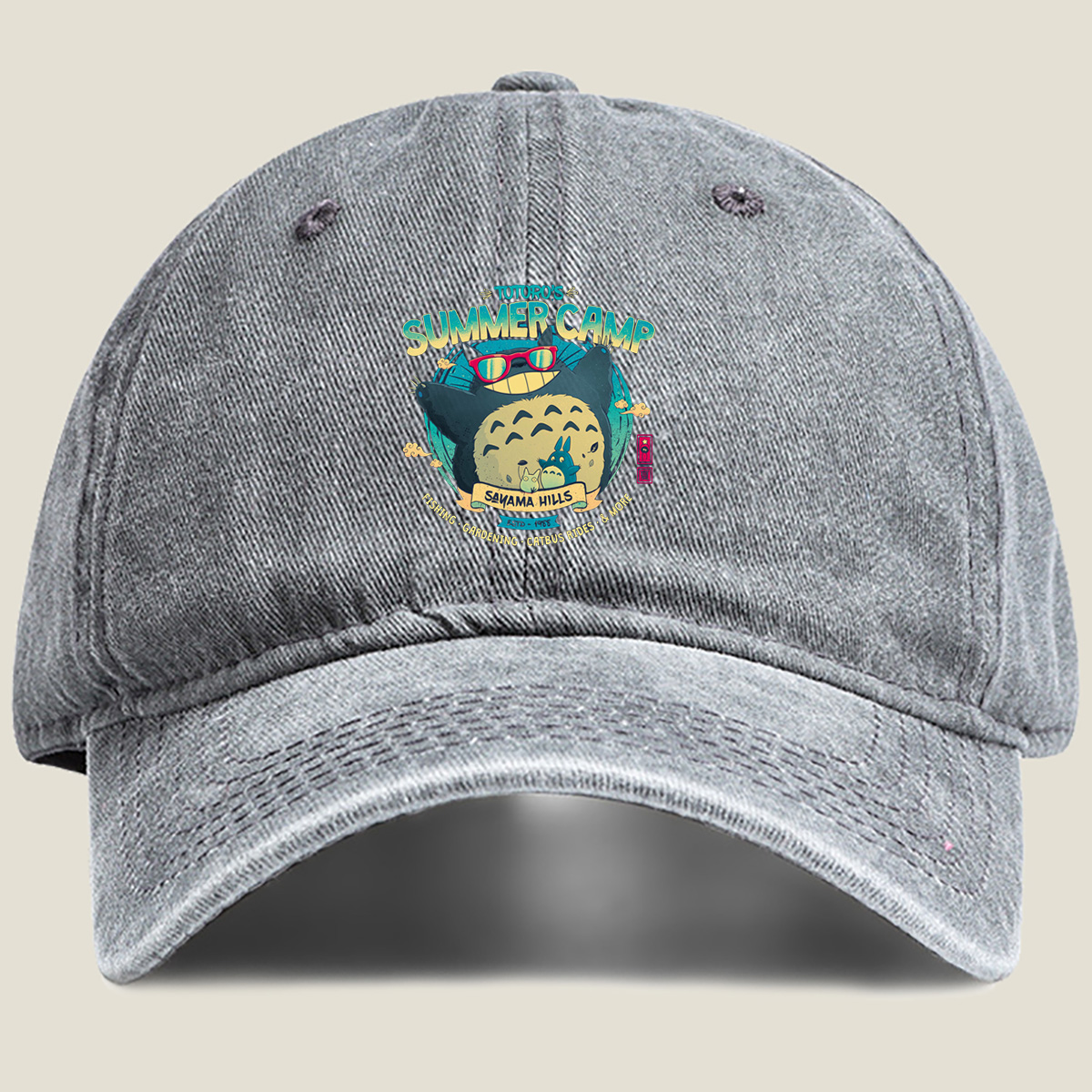 Totoro's Summer Camp: Totoro, Little Totoros, and Catbus in Sakama Hills - Washed Denim - Baseball Cap