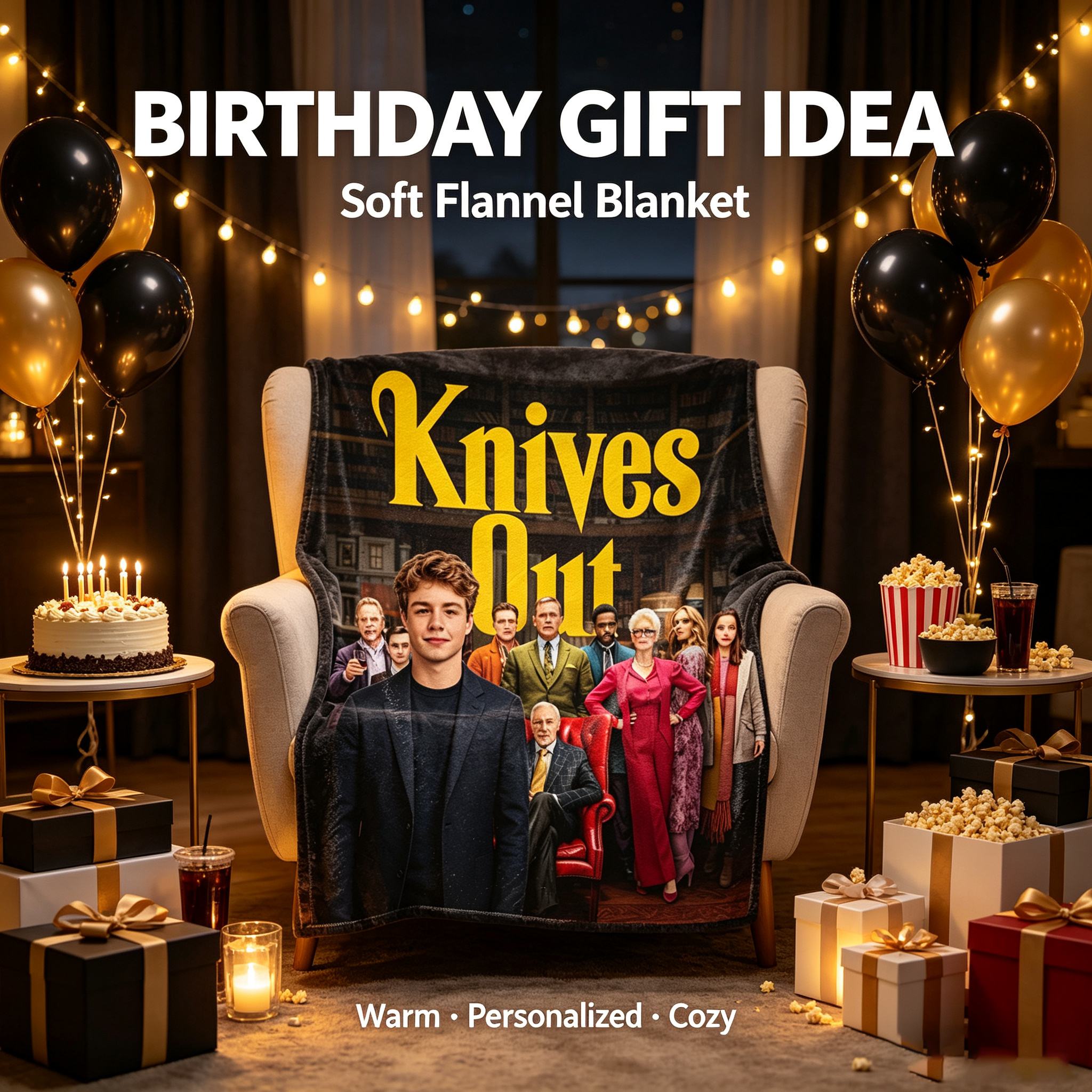 Custom Face Blanket Knives Out Movie Characters Flannel Blanket Cozy Home Decor Gift for Fans and Movie Lovers