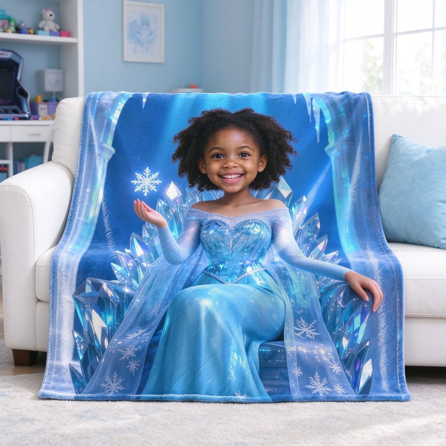 Custom Photo Face Blanket, Ice Princess Crystal Throne Velvet Flannel Throw, Ideal Personalized Birthday Gift