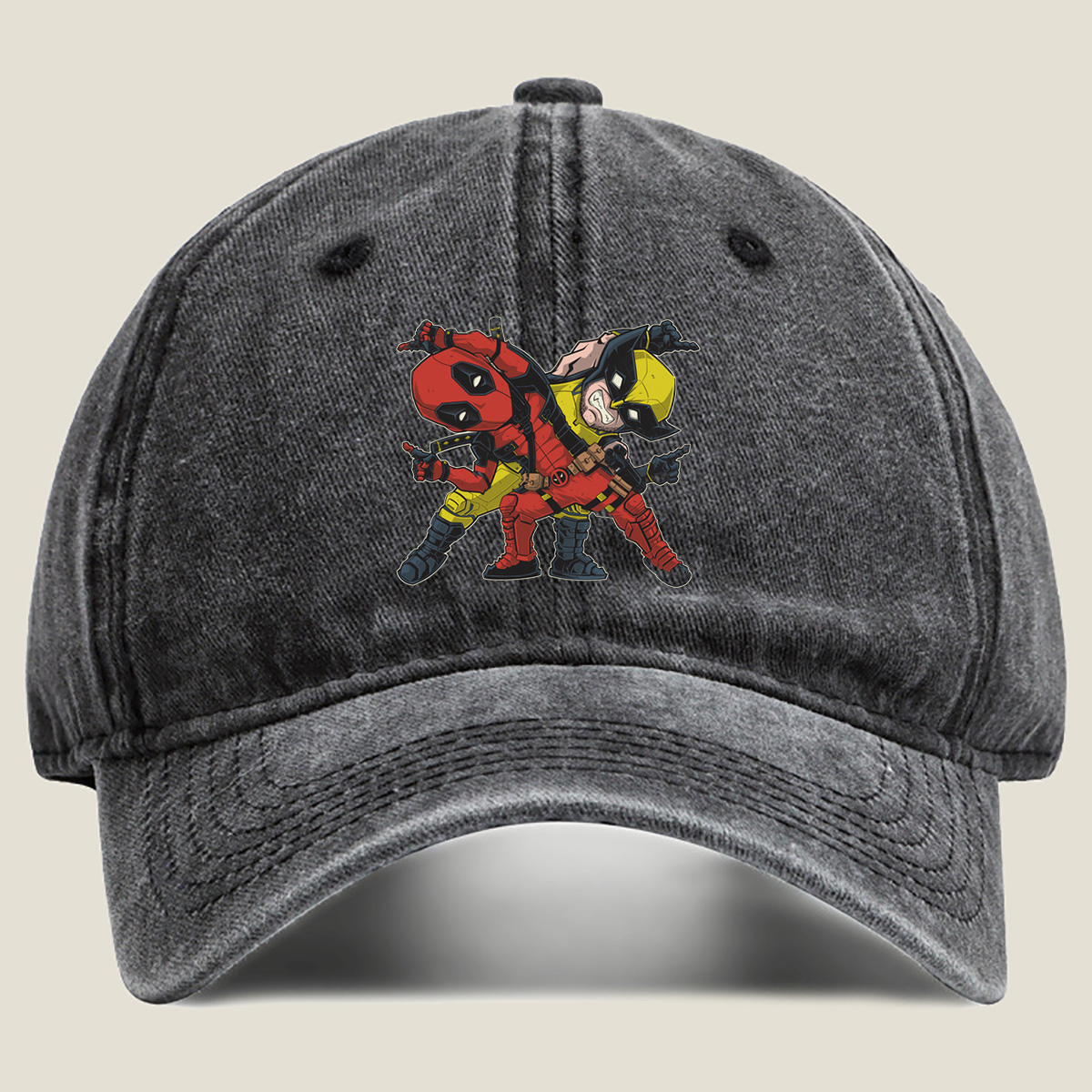 Deadpool and Wolverine Chibi Art - Washed Denim - Baseball Cap