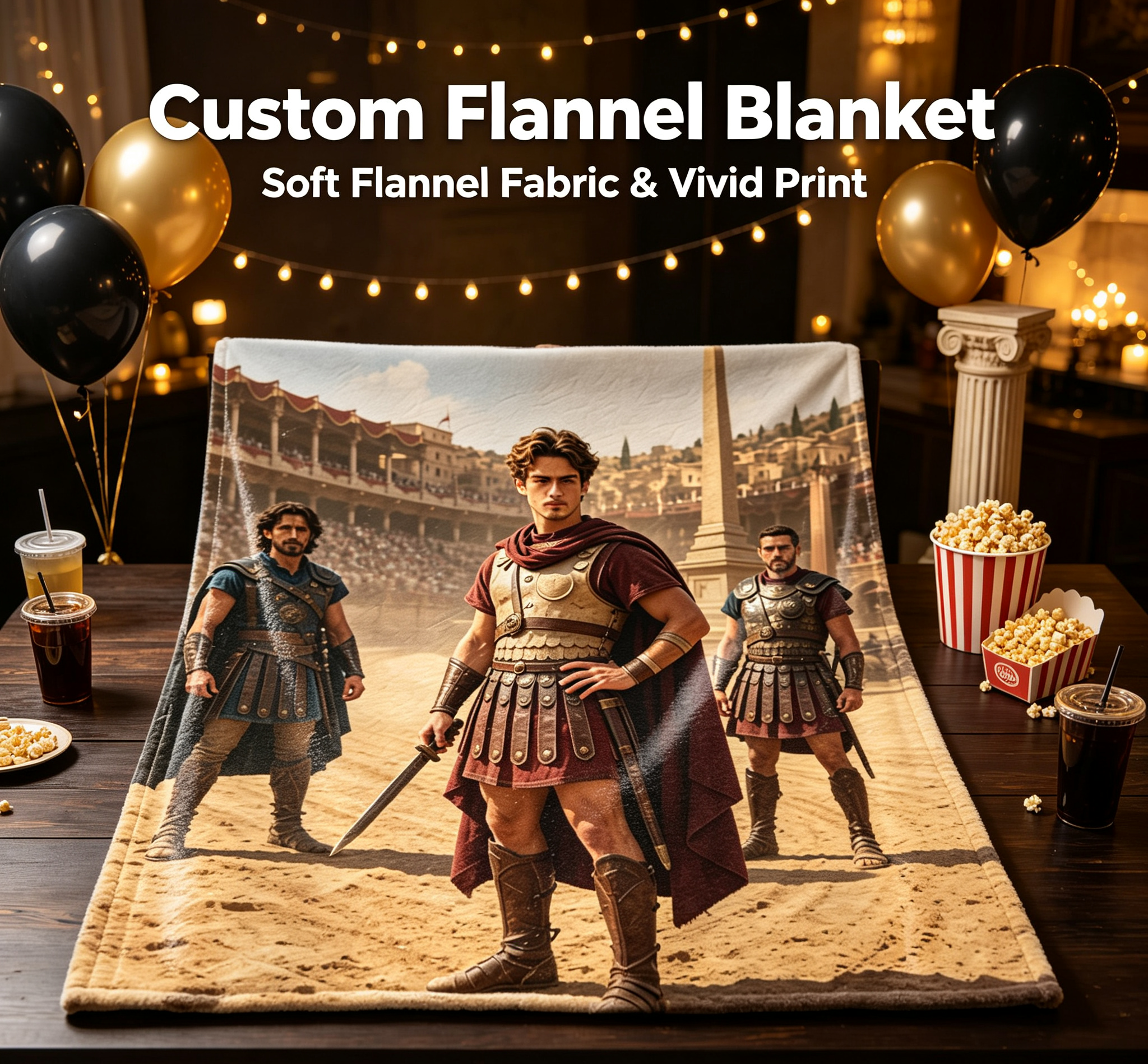 Custom Face Blanket Roman Gladiator Arena Warrior Flannel Blanket for Couch or Bed Cozy Gift for History Fans and Ancient Rome Enthusiasts