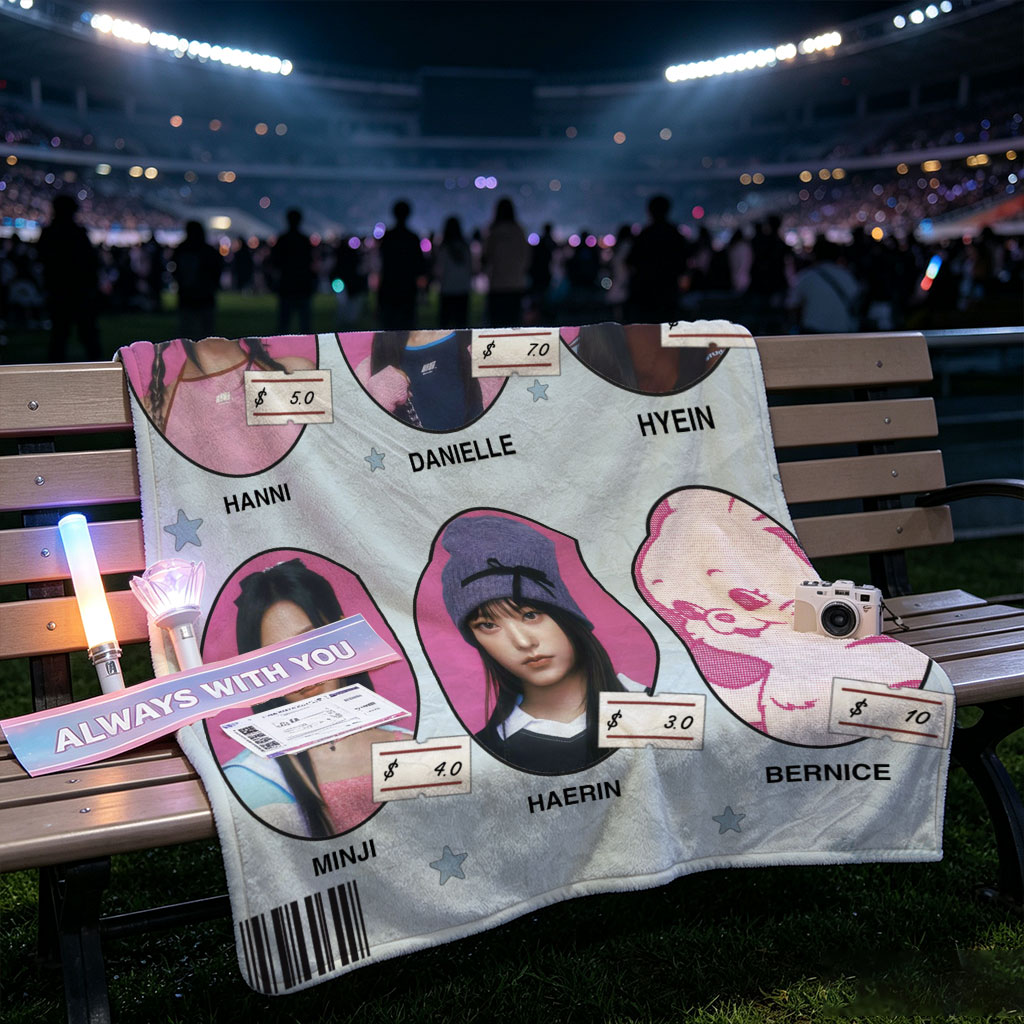 NEWJEANS Members in Pink-Themed Portrait Collage with Price Tags and Cartoon Character - Blankets
