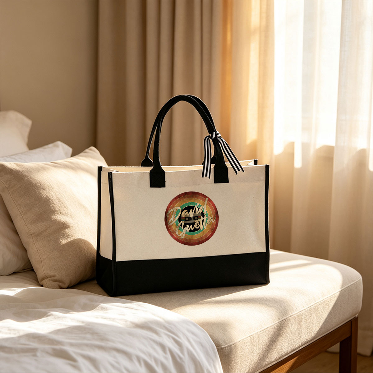 David Guetta Logo with Retro Vinyl Design - Canvas patchwork gift tote bag