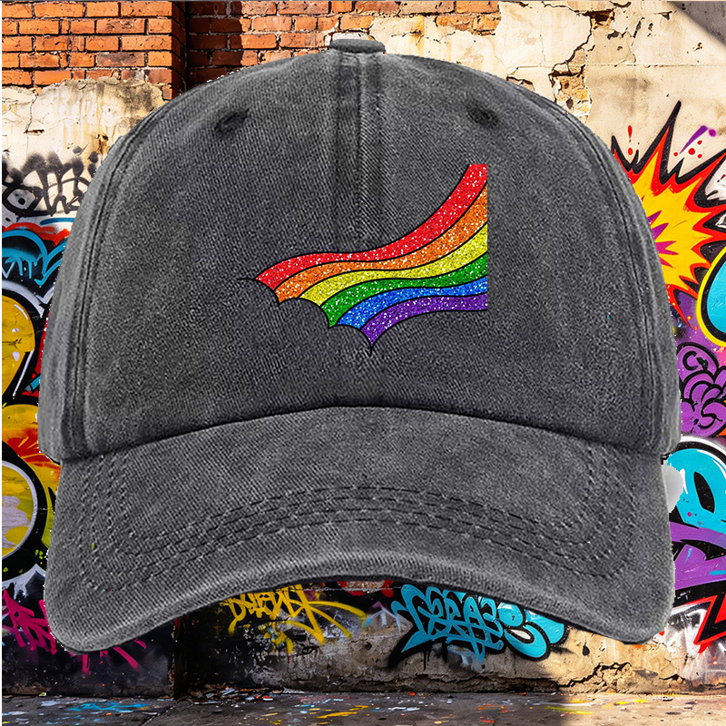 Men's Rainbow Glitter Print Washed Cap Casual Round Brim Summer Lightweight Hat for Outdoor Activities and Streetwear Fashion Adults