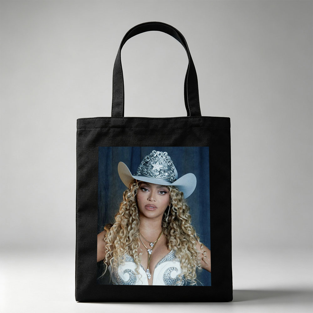 Beyonce in Cowboy Hat and Sparkling Outfit with Long Curly Hair - Canvas tote bags