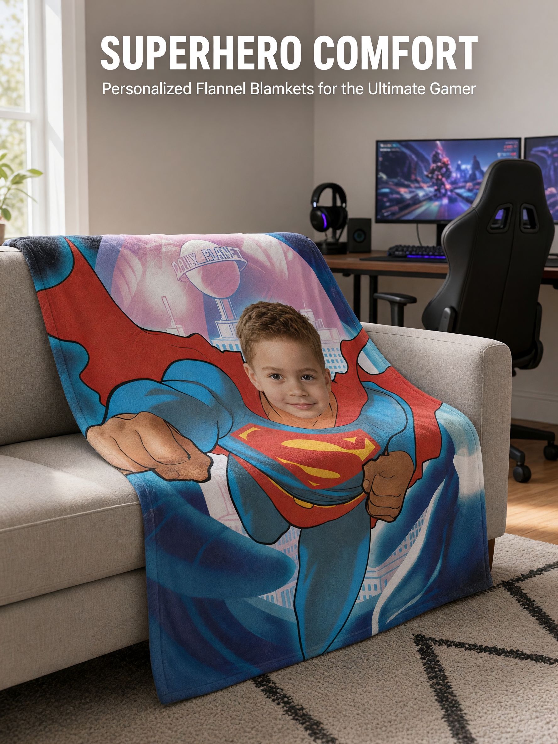 Custom Photo Superhero Flannel Fleece Blanket, Personalized Face Throw Blanket, Ultra Soft Skin Friendly Bed Couch