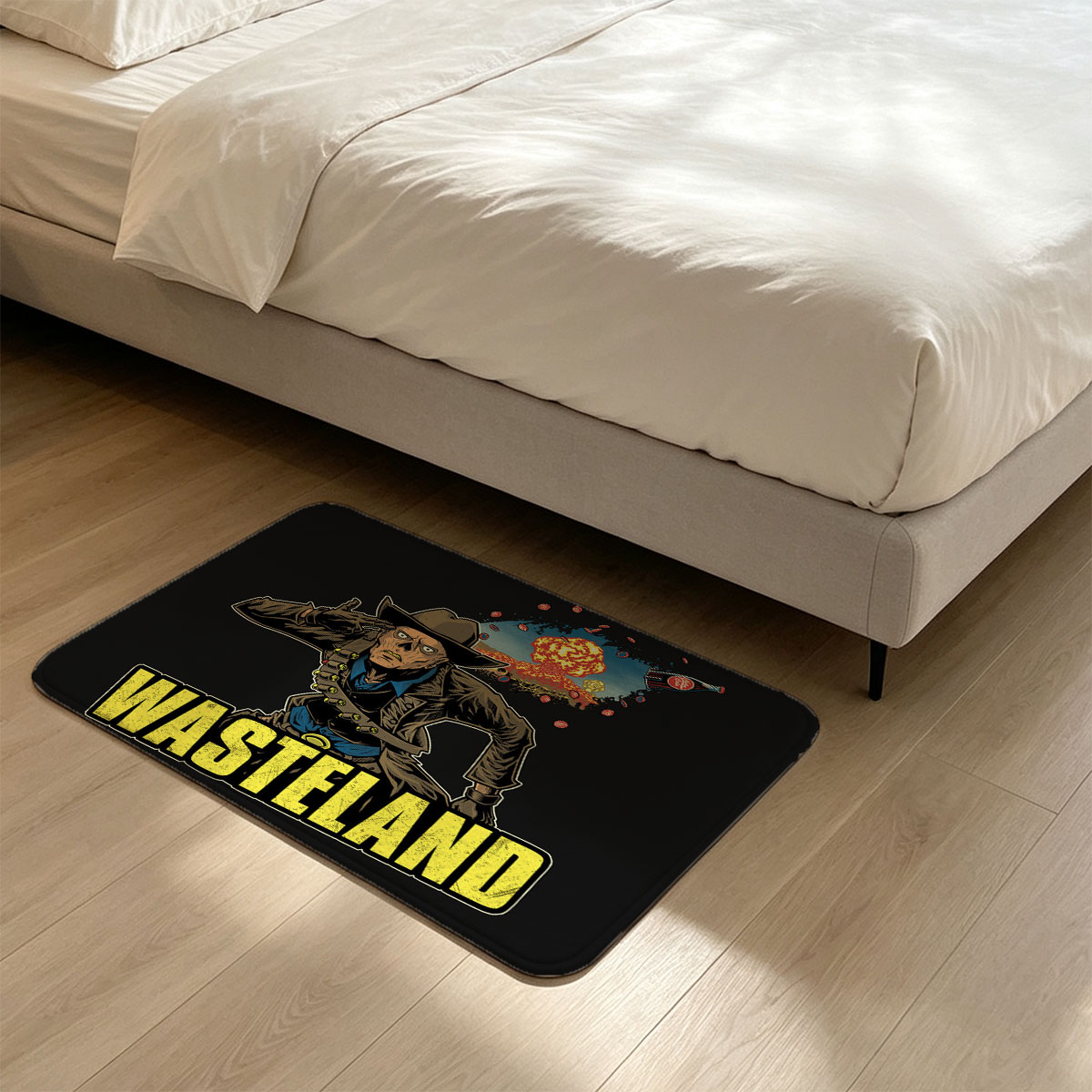 Wasteland: Cowboy in Post-Apocalyptic Desert with Explosion and Bottle - Flannel floor mat