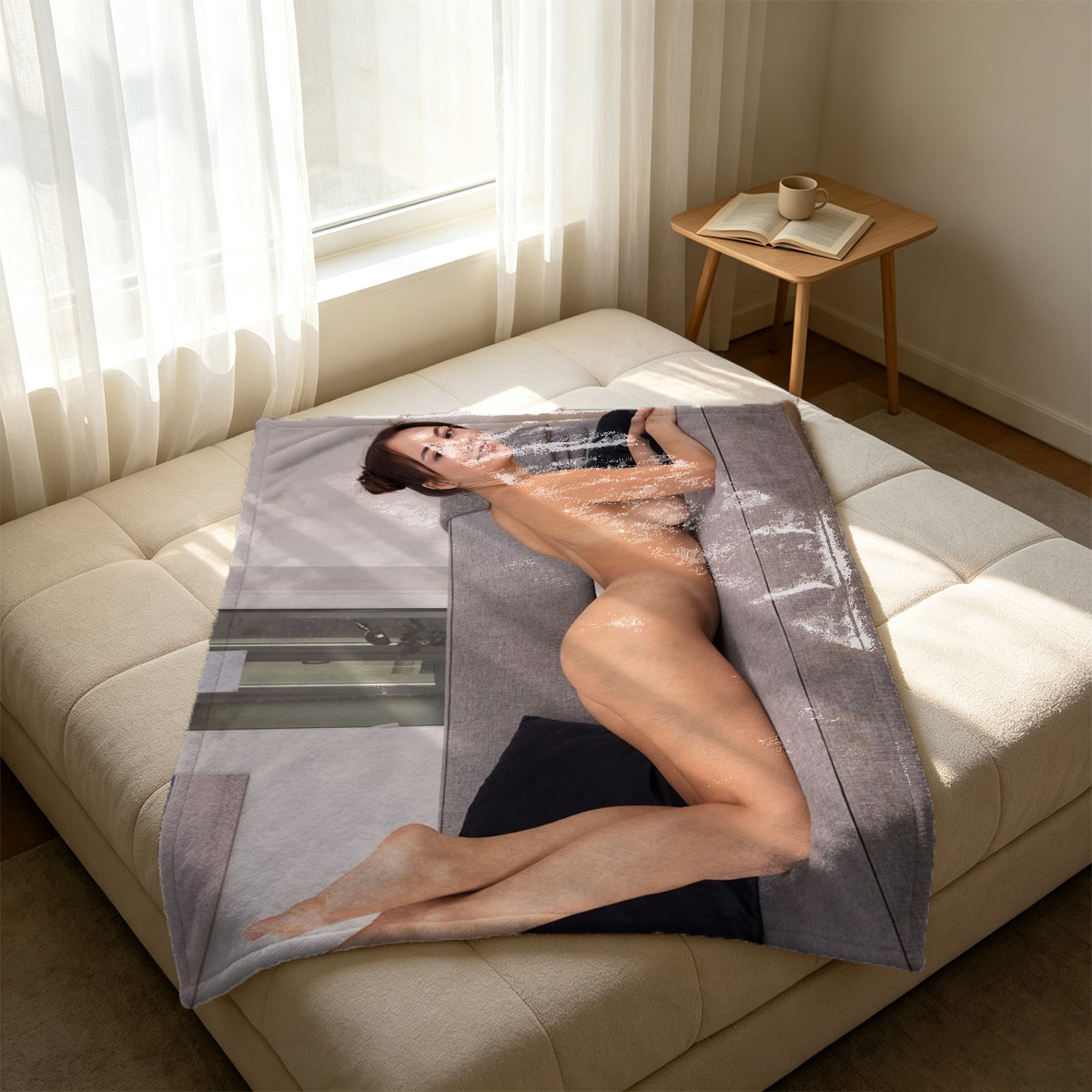 Nude Asian beauty in traditional Chinese skirt and red heels on bed - Blanket