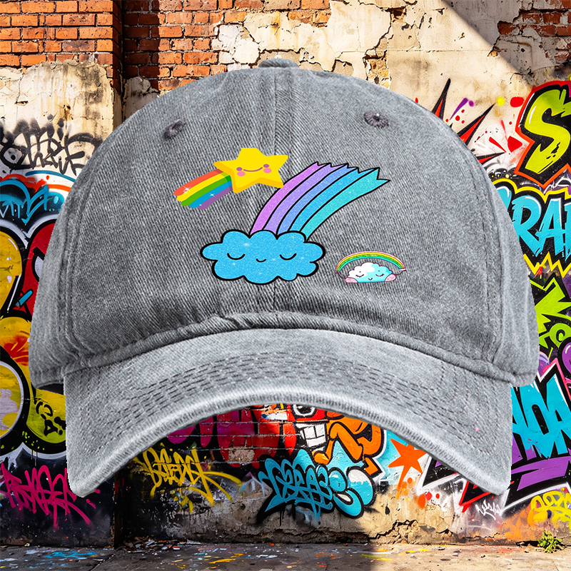 Unisex Classic Washed Cap with Rainbow Star Cloud Print | Casual Outdoor Hat for Youth and Adults | Perfect for Daily Wear, Travel, and Fun Activities