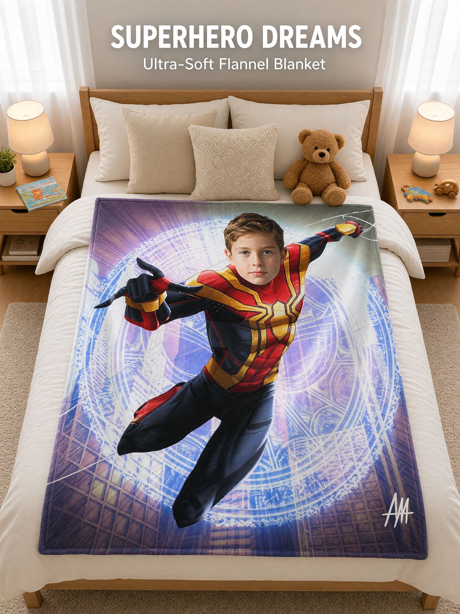 Custom Face Superhero Flannel Fleece Blanket, Personalized Photo Throw for Kids and Adults, Cozy Warm Bed Couch Gift
