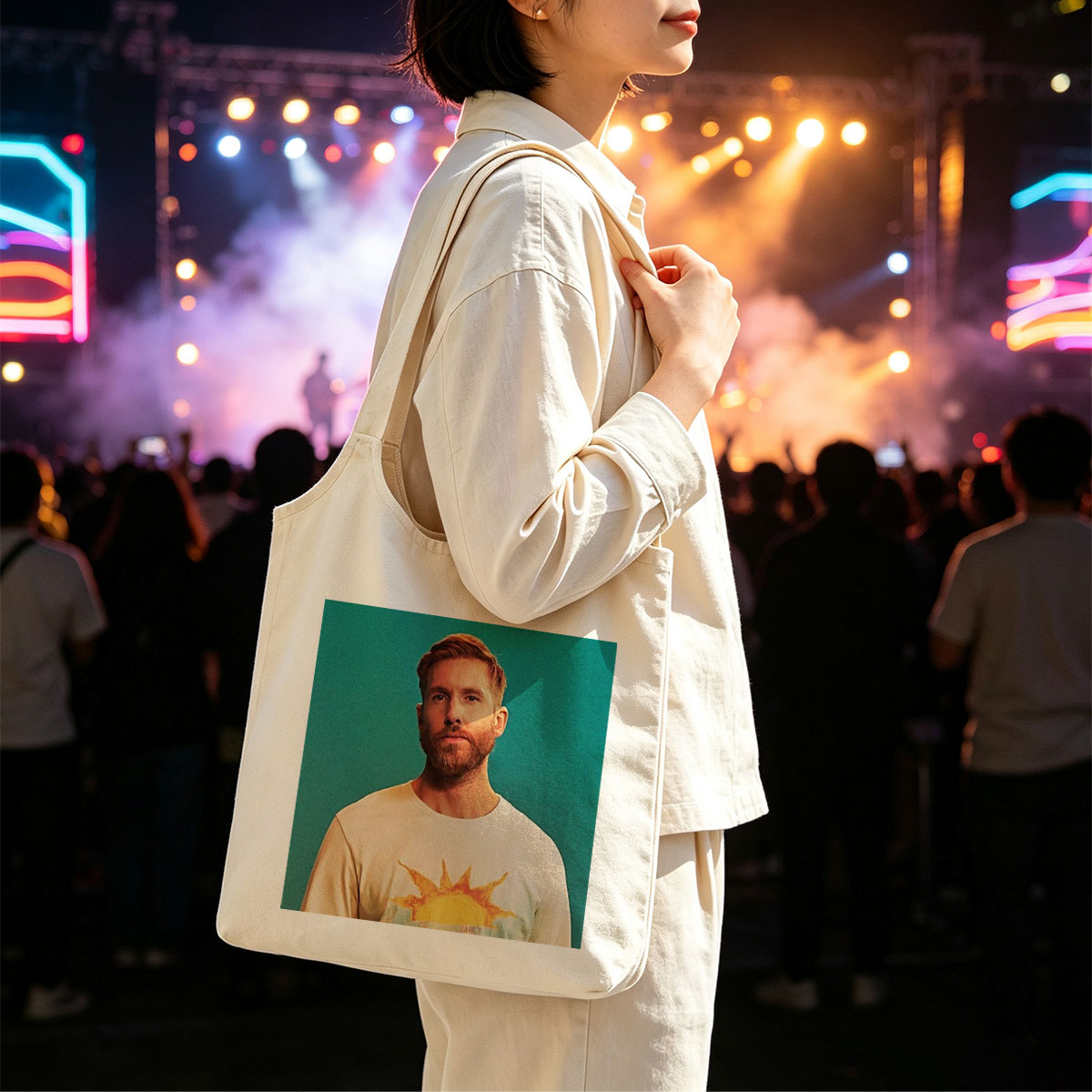 Calvin Harris in a Sun-Themed T-Shirt Against a Teal Background - Canvas shoulder bags/