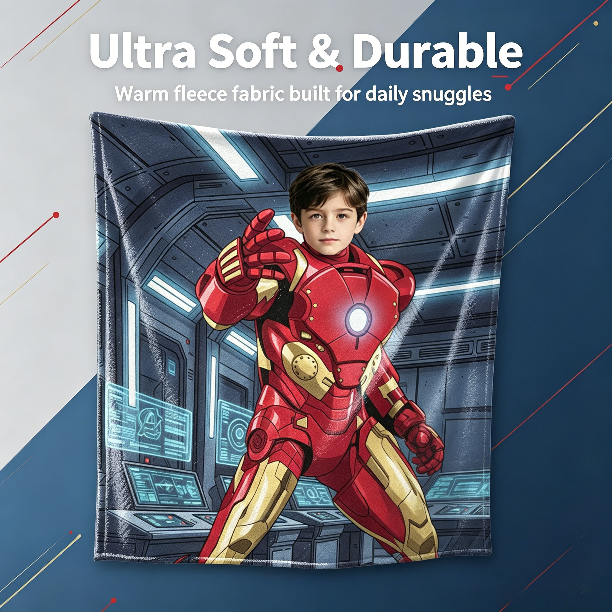 Custom Iron Man Photo Blanket, Personalized Kids Blanket Upload Photo, 280g Thick Flannel Throw Blanket, Superhero Custom Portrait Blanket, Birthday Holiday Gift for Boys