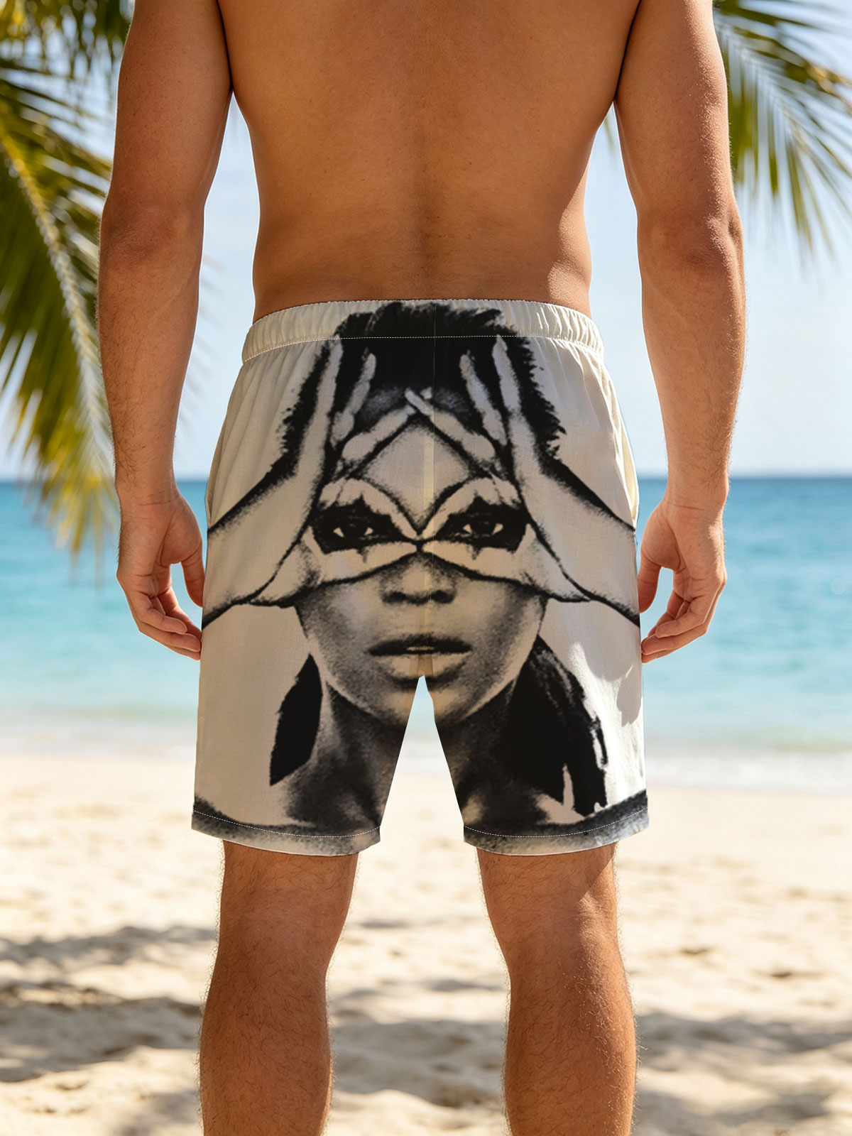 Woman with Hands Forming X Over Eyes, Dramatic Makeup, Black and White Portrait -  Beach shorts