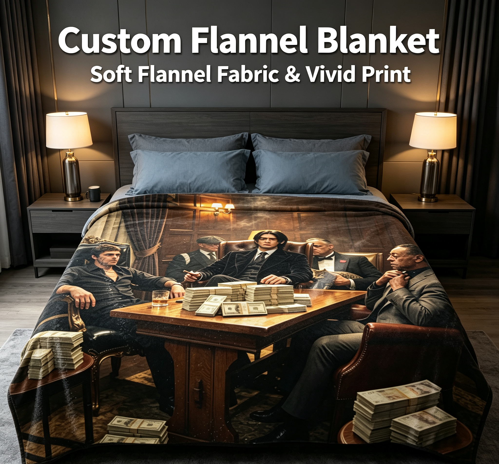 Custom Face Blanket - Gangster Meeting in Luxurious Study Room Flannel Blanket - Perfect for Movie Fans and Home Decor - Ideal Gift or Giveaway