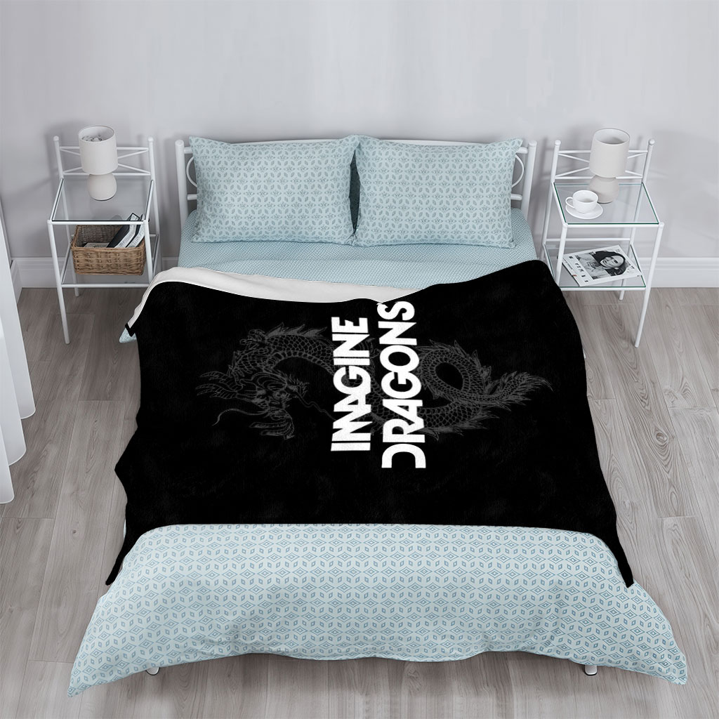 Imagine Dragons Band Logo with Dragon Art on Black Background - Blankets