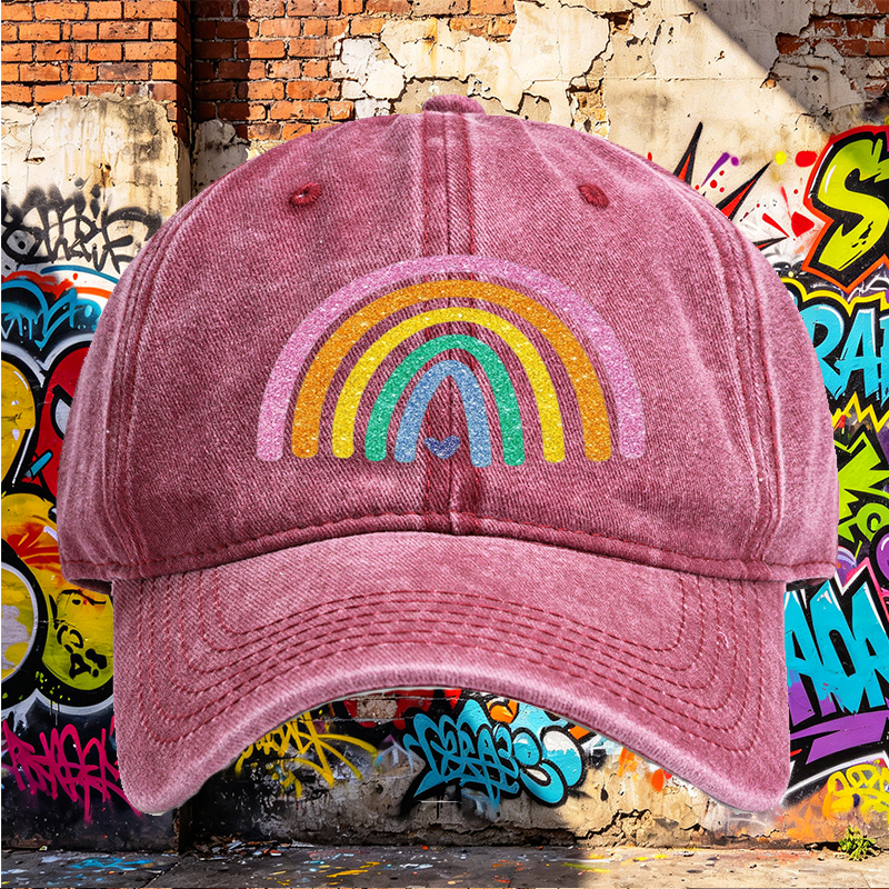 Unisex Classic Washed Cap with Glitter Rainbow Print and Heart Detail – Perfect for Casual Outings, Festivals, and Everyday Wear – Ideal for Youth and Adults Seeking Fun, Colorful Headwear