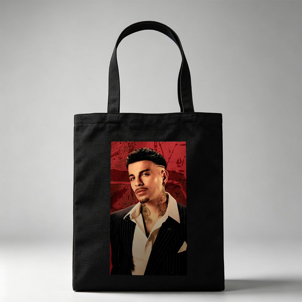 Bad Bunny in a Sharp Suit with Visible Neck Tattoos Against a Red Grunge Background - Canvas tote bags