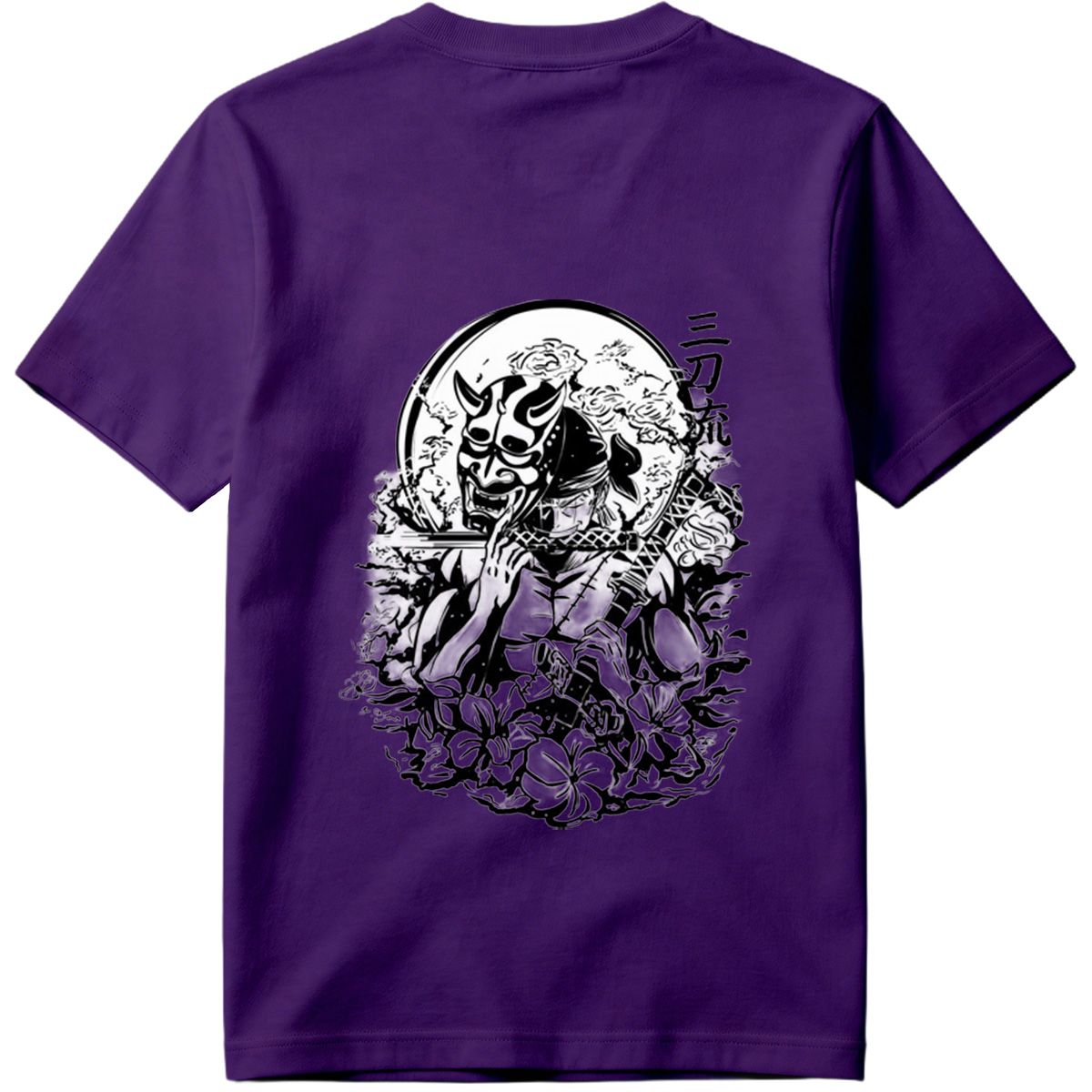 Samurai with Oni Mask and Katana in Floral Scene - Tee