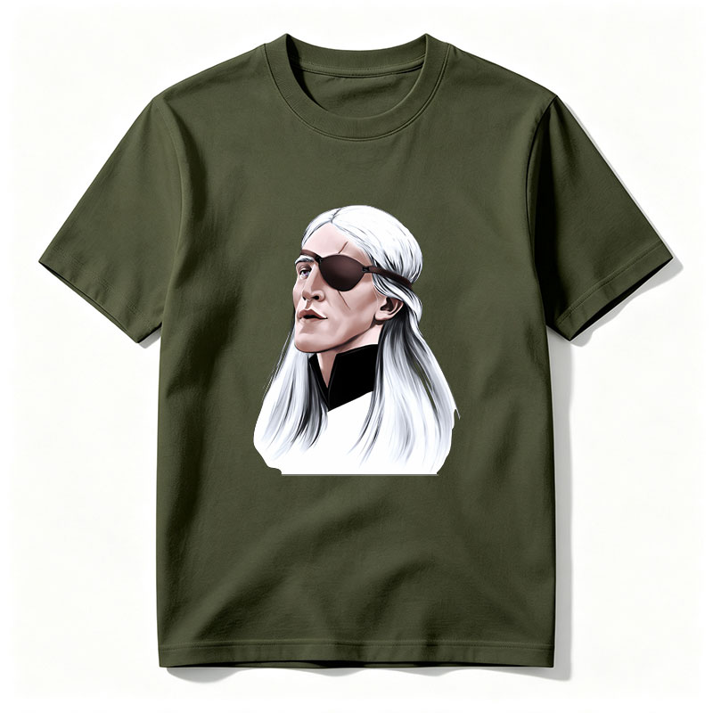 White-Haired Man with Eye Patch, Long Hair, Dark Clothing, Profile View - Tee
