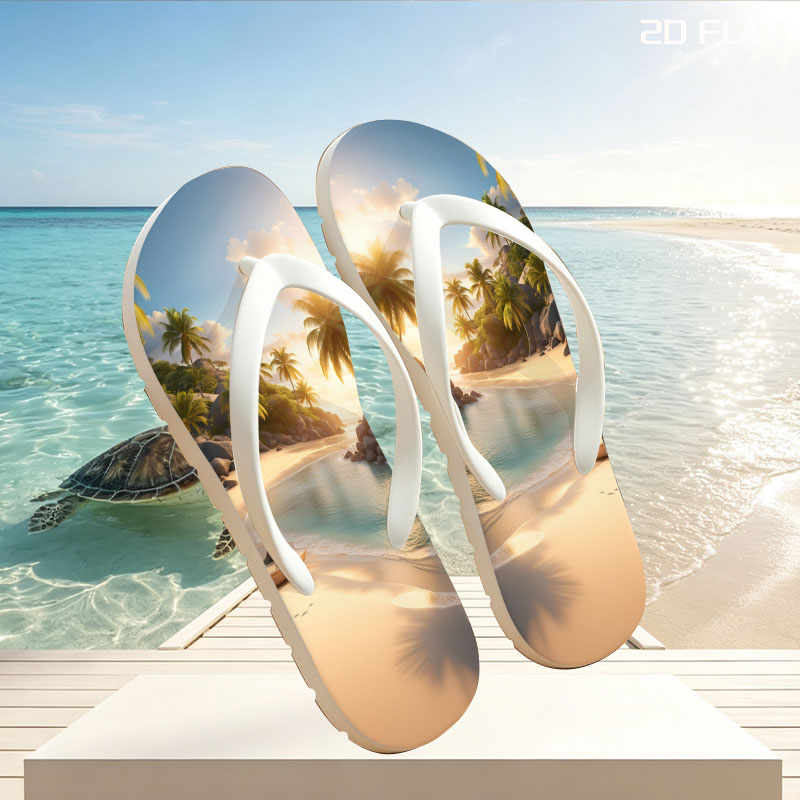 Serene Tropical Beach at Sunset with Palm Trees and Calm Waters -  flip-flops
