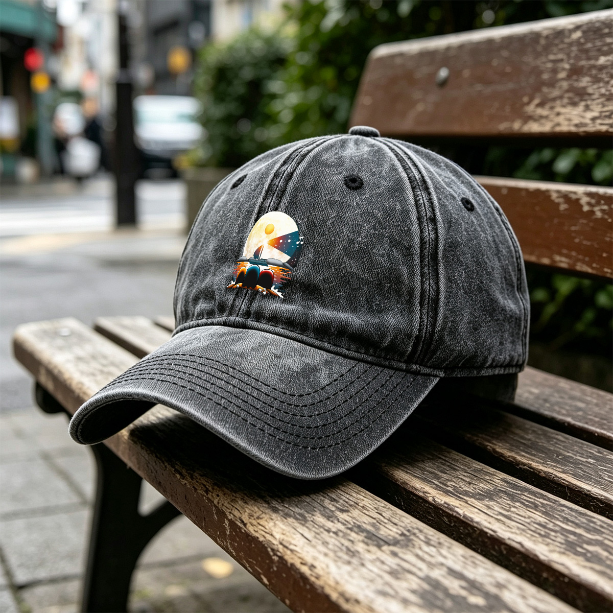 Sailboat Under the Moonlight with Musical Notes - Washed Denim - Baseball Cap