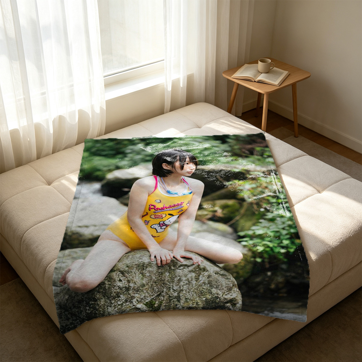 A beautiful Chinese model in a white feathered headdress and micro thong posing seductively by a door. - Blanket