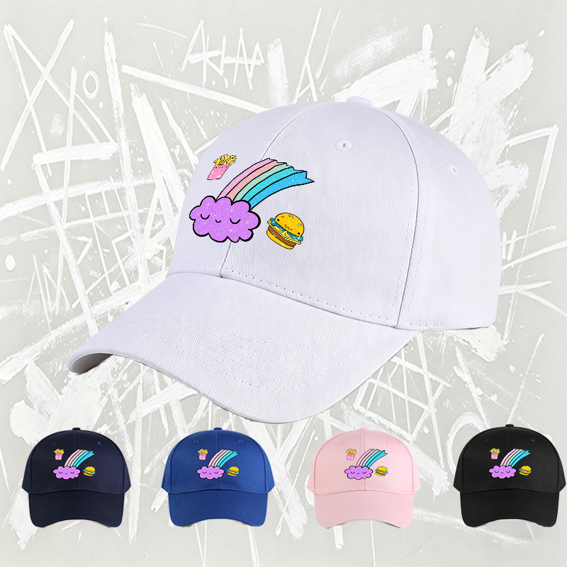 Unisex Classic Baseball Cap with Kawaii Rainbow Cloud, Fries, and Burger Print - Fun Food-Themed Hat for Casual Wear, Perfect for Teens and Young Adults Loving Pop Culture and Cute Designs